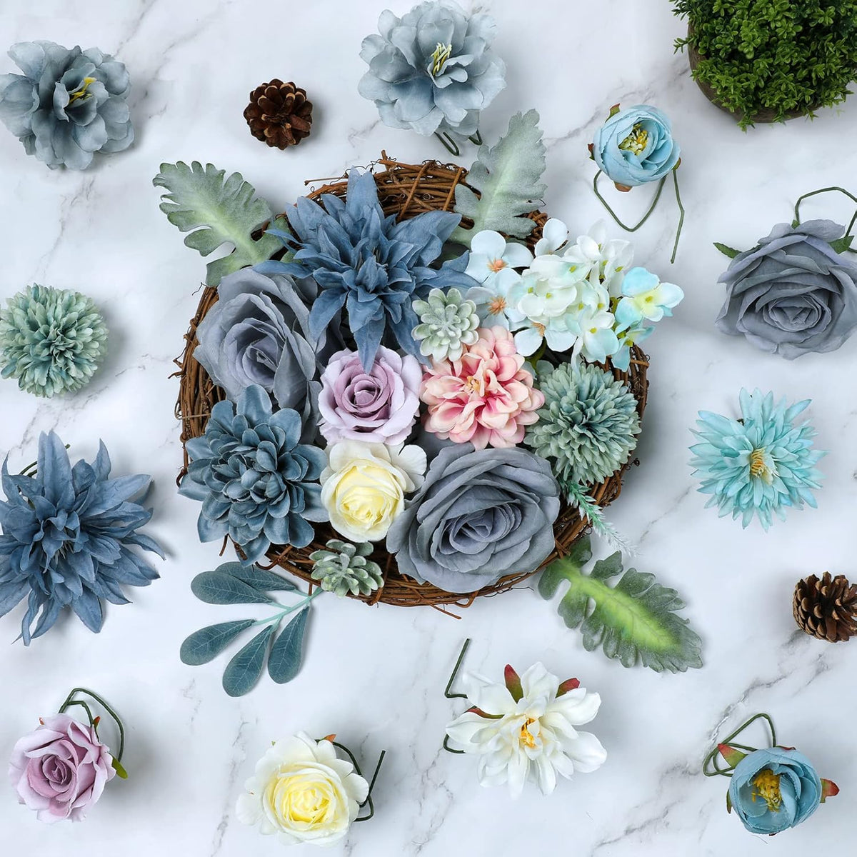 AmyHomie Blue Artificial Flowers Combo Silk Mix Peony Rose Hydrangea Fake Flowers w/Stem for DIY Wedding Bouquets Centerpieces Arrangements Table Decor Party Bridal Baby Shower Home Decorations