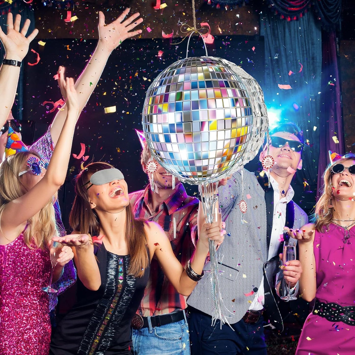 WERNNSAI Disco Ball Piñata - Disco Party Decoration Pull String Mirror Piñata with Bat and Blindfold for Adult Birthday Party Supplies