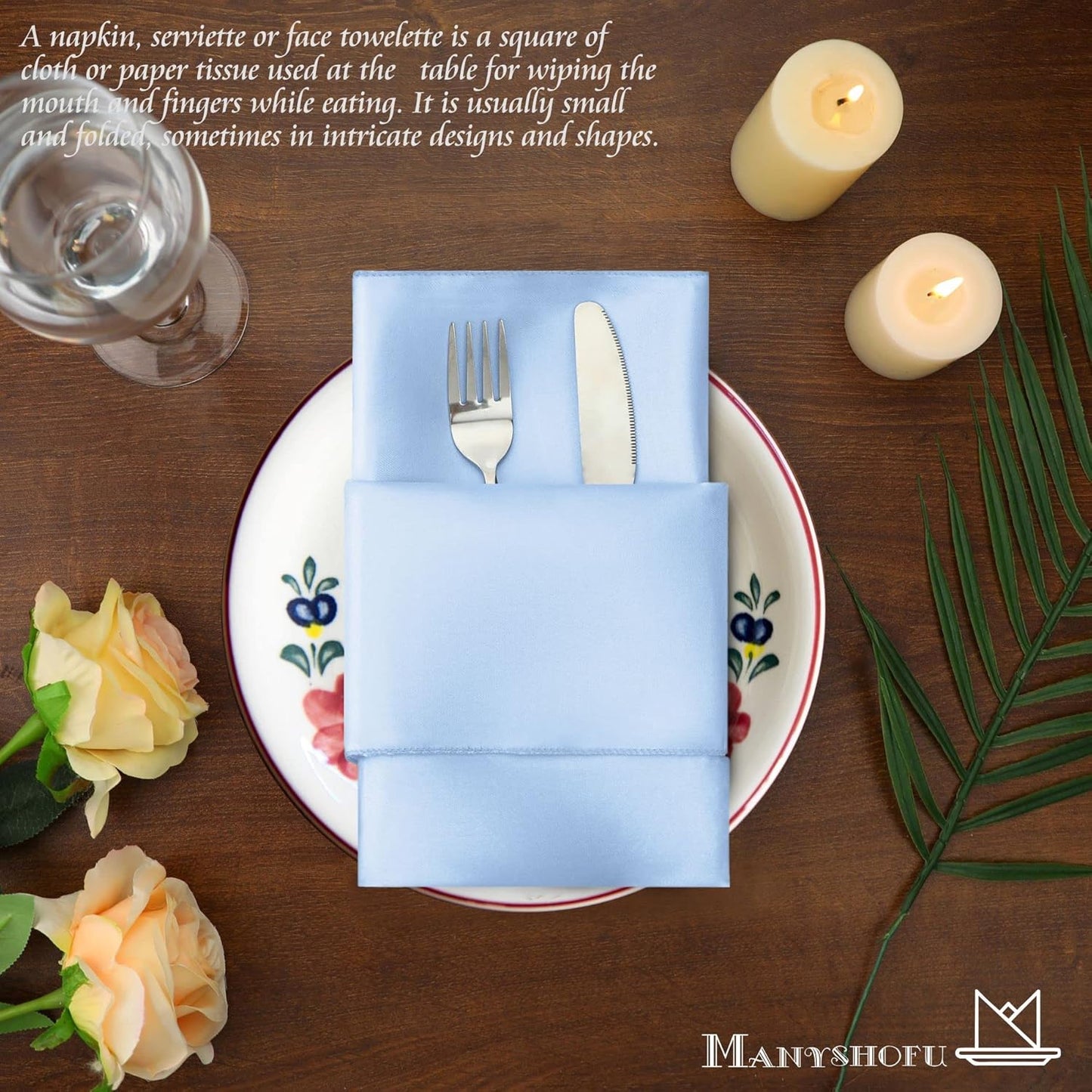 Manyshofu 50 Pieces Baby Blue Satin Napkins - 12x12 Inches Cloth Napkins, Square Satin Fabric Napkin Set - Elegant & Smooth Table Napkins for Wedding Dinner Party Lunch Banquet Restaurant Decoration