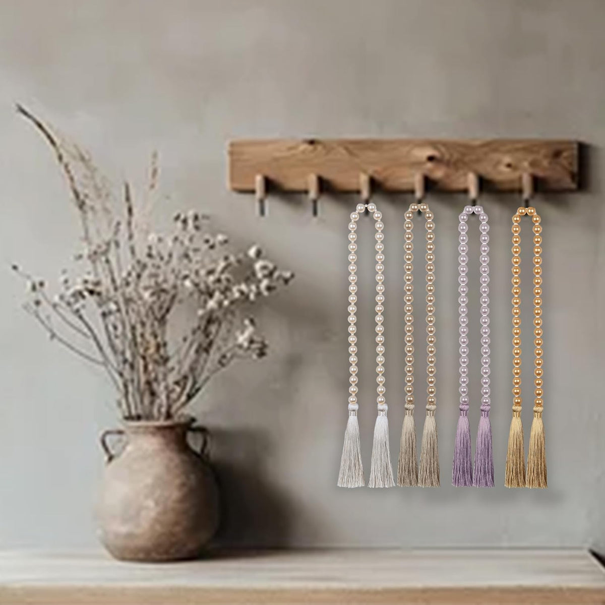 Fenghuangwu 34 Inch Pearl Glass Bead Garland with Tassels - Elegant Boho Table Decor, Fringe Wall Hanging for Wedding, Party, Farmhouse Rustic Prayer Bead Home Decoration(2 Pack,Champagne Gold)
