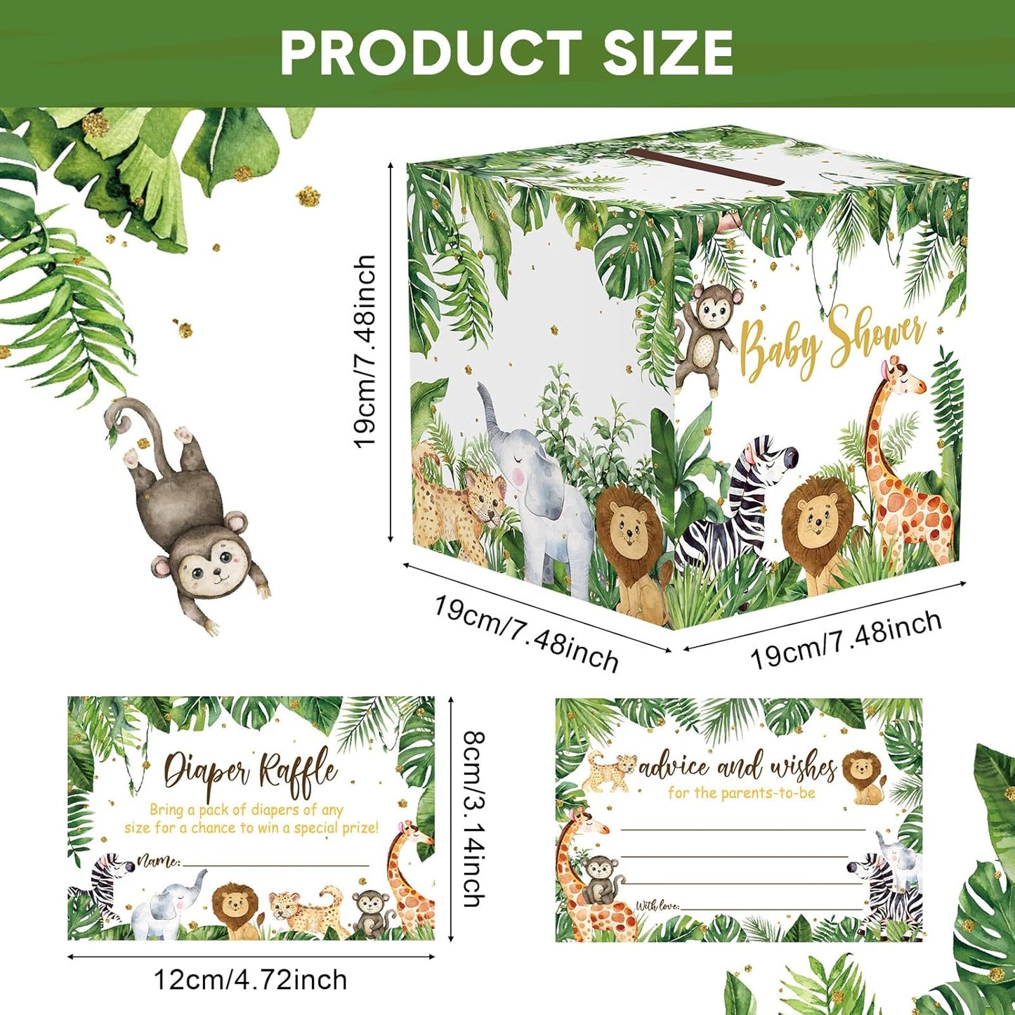 51 Pieces Woodland Baby Shower Card Box and Advice Cards, Diaper Raffle Game Box Tickets, Animals Safari Creatures Party Decorations for Baby Shower, Birthday, Gender Reveal (Jungle Animal Theme)