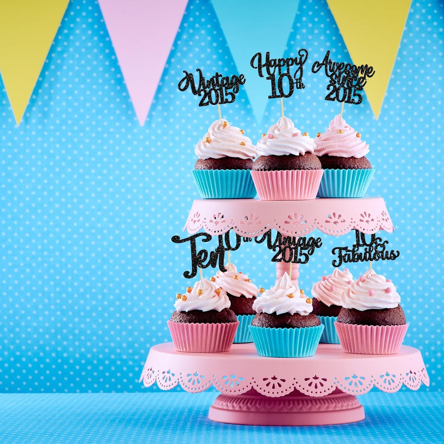 30Pcs Happy 10th Birthday Cupcake Toppers Glitter Ten Vintage 2015 Cupcake Picks Cheers to 10 Fabulous Cake Decorations for 10th Birthday Wedding Anniversary Party Supplies Black