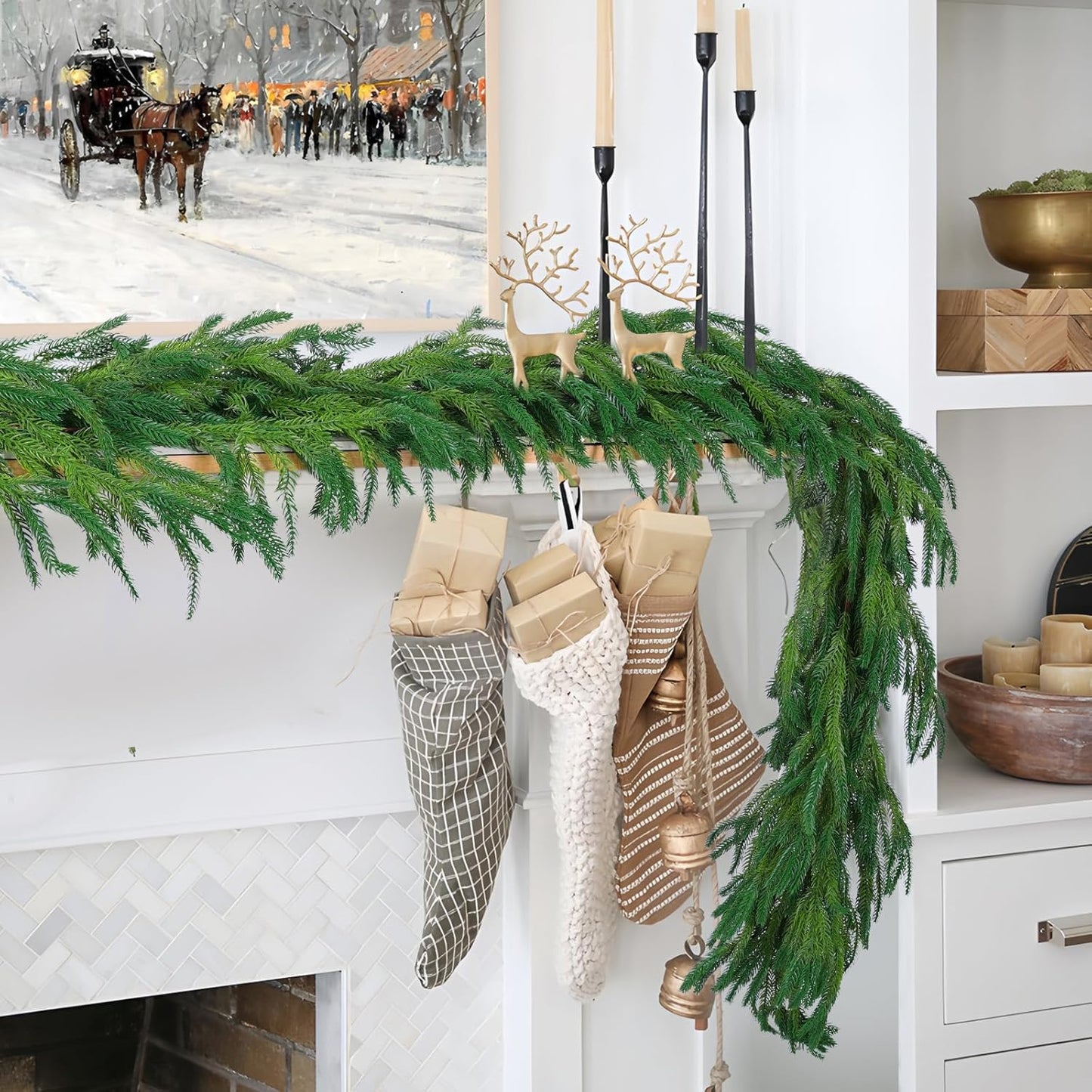 Hananona 2 Pcs 6 Ft Artificial Norfolk Pine Garlands, Realistic Pine Garland, Green Artificial Greenery Garland for Table, Mantle, Wall, Indoor, Outdoor Winter Christmas Decorations (2, 6 FT)