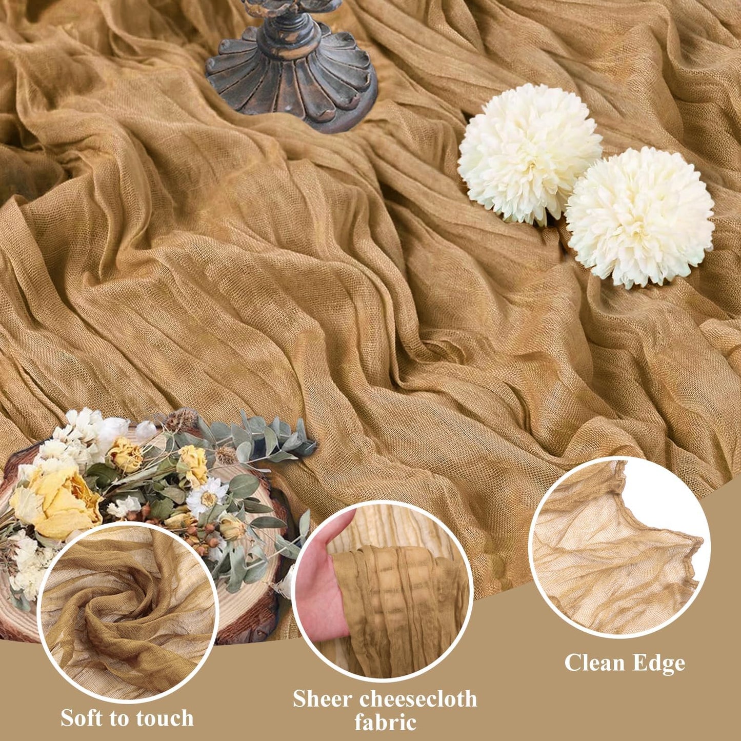Asee'm 4pcs Cheesecloth Table Runner 120 Inches Long Khaki Boho Gauze Cheese Cloth Runner 10FT Rustic Sheer Table Runners for Christmas Wedding Party Baby Shower Spring Easter Decoration