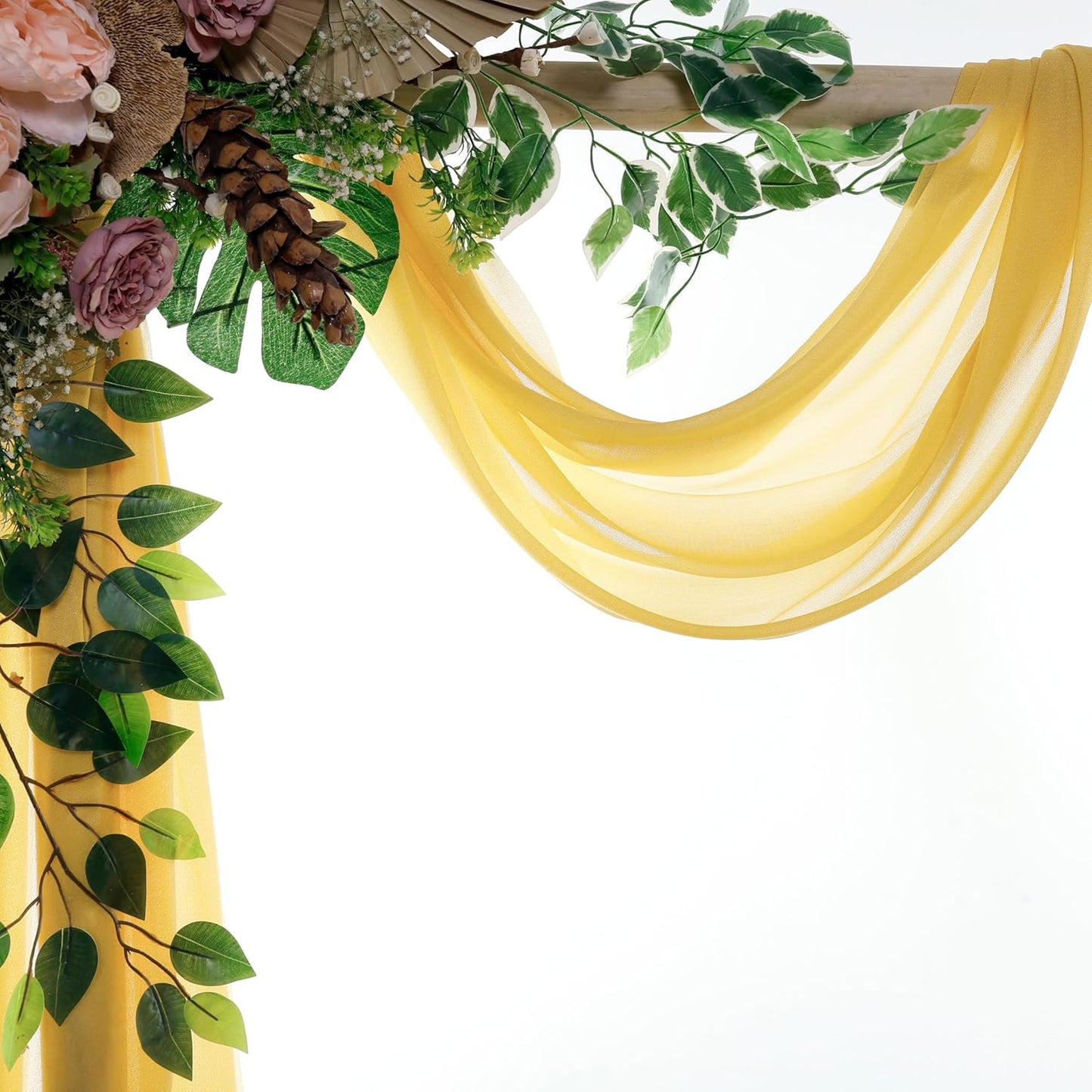 VDS Pack of 2 Panel (30 Inch X 30 Feet) Wedding Arch Draping Fabric Sheer Chiffon Fabric Drapery for Wedding Ceremony Reception Swag Backdrop Canopy Chuppah ARBO Altars Decoration (Gold)
