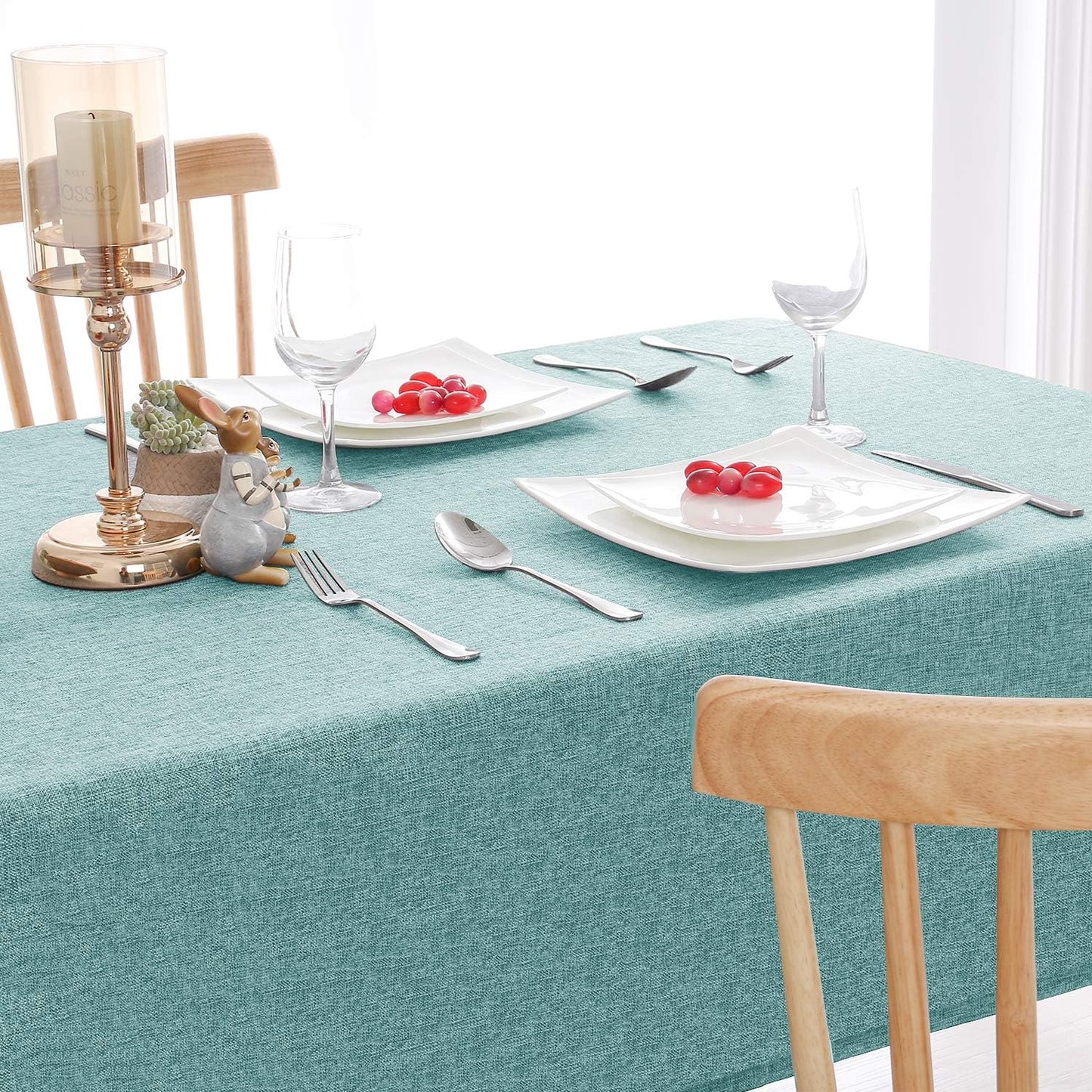 Hiasan Faux Linen Rectangle Tablecloth - Wrinkle and Stain Resistant Washable Table Cloth for Kitchen Dining Room Holiday Table Cover for Party Dinner, Aqua, 60 x 120 Inch