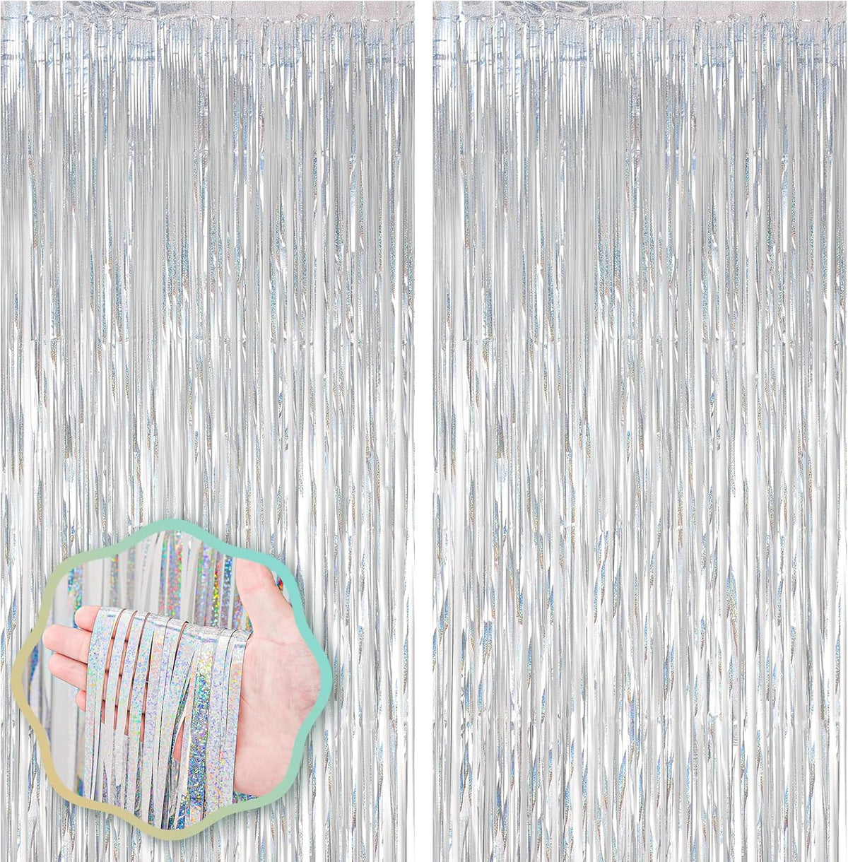 2 Pack Laser Silver Foil Fringe Backdrop Curtains, Tinsel Streamers Birthday Party Decorations, Fringe Backdrop for Graduation, Baby Shower, Gender Reveal, Disco Party