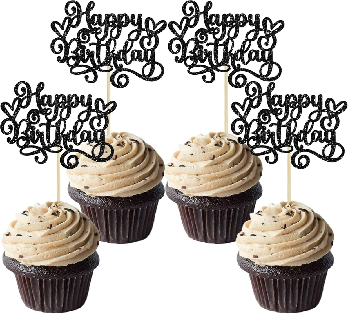 Gyufise 24Pcs Happy Birthday Cupcake Toppers Glitter Happy Birthday Cupcake Picks for Celebrating Happy Birthday Anniversary Theme Party Cake Decorations Supplies Black