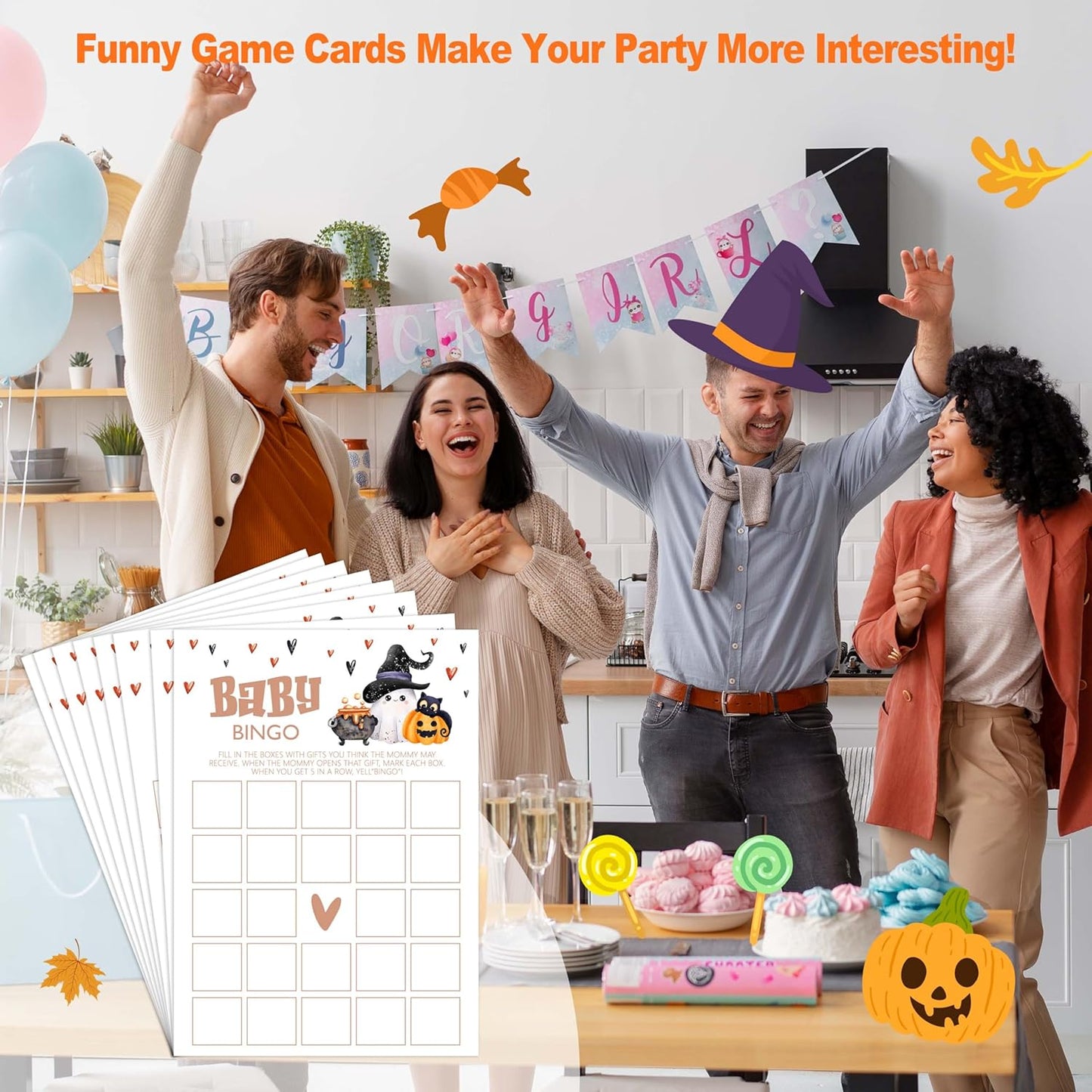 Baby Shower Games, Halloween Baby Bingo Card, 25 Double-Sided Game Cards for Gender Reveal Party Decorations Supplies Announcement - B03