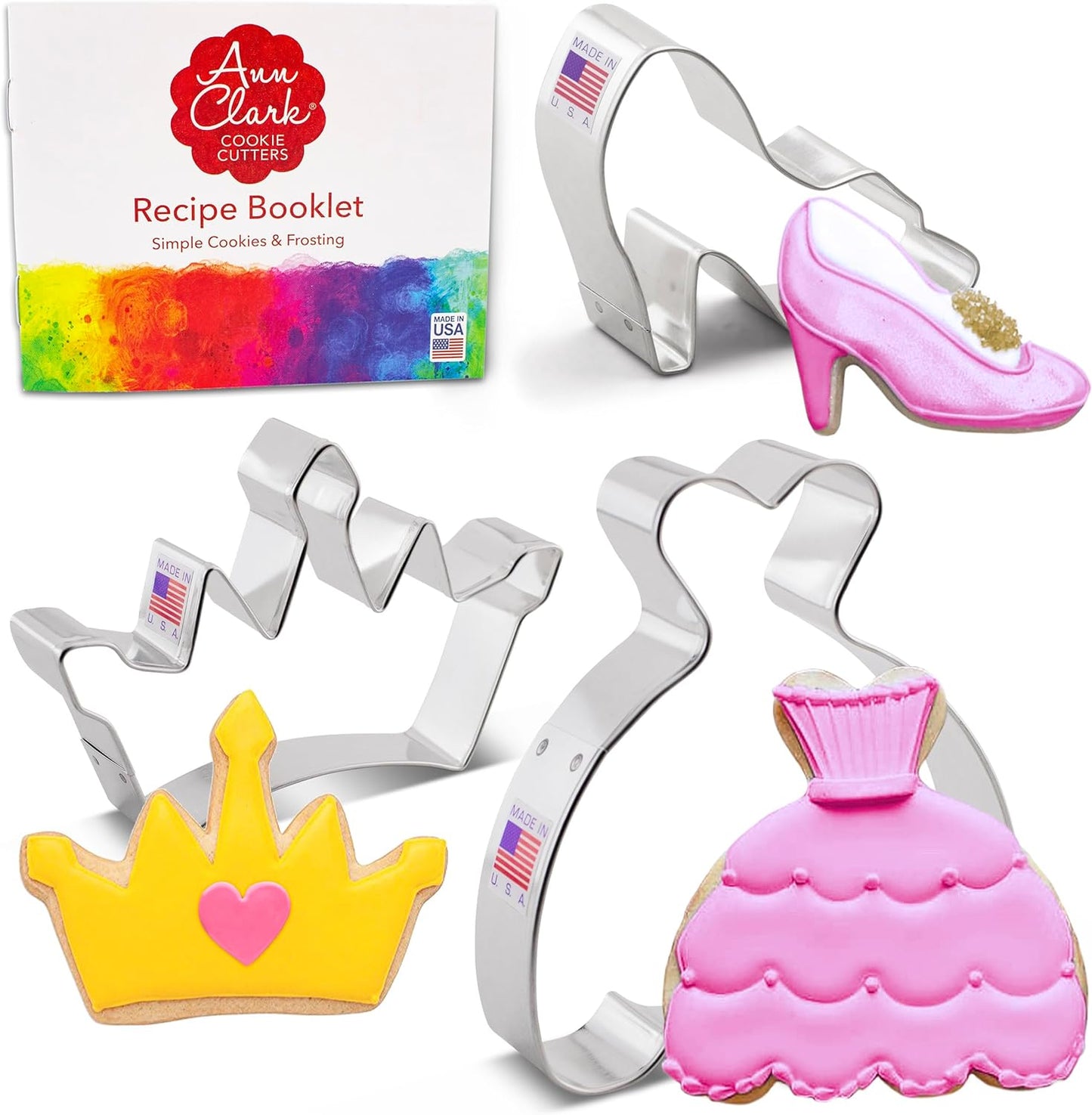 Princess Cookie Cutters 3-Pc Set Made in USA by Ann Clark, Crown, Glass Slipper, Dress