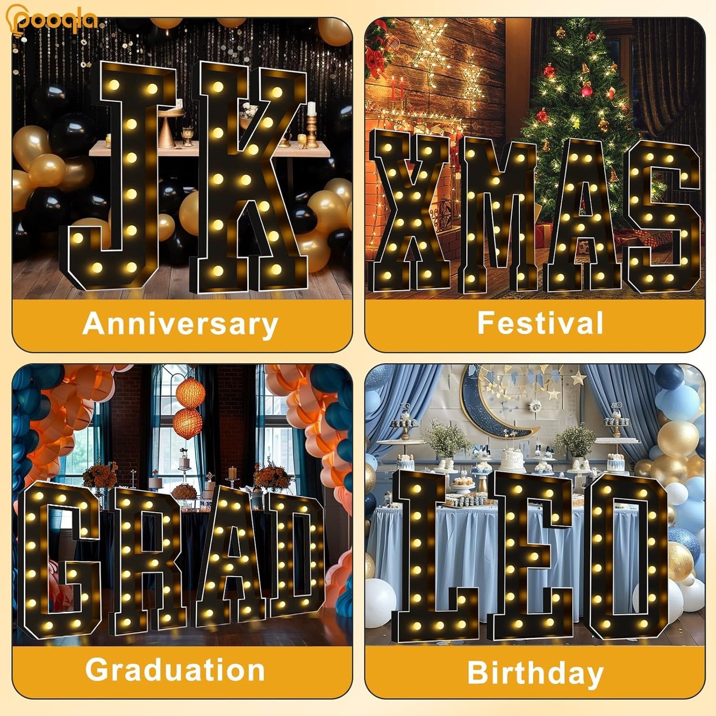 Pooqla 4 FT Marquee Light Up Letters, Black Marquee Letter Lights 4 Feet Tall, Giant Letter Sign Big Mosaic Letters for Balloons Birthday Party Anniversary Wedding Decorations, Warm White Letter M