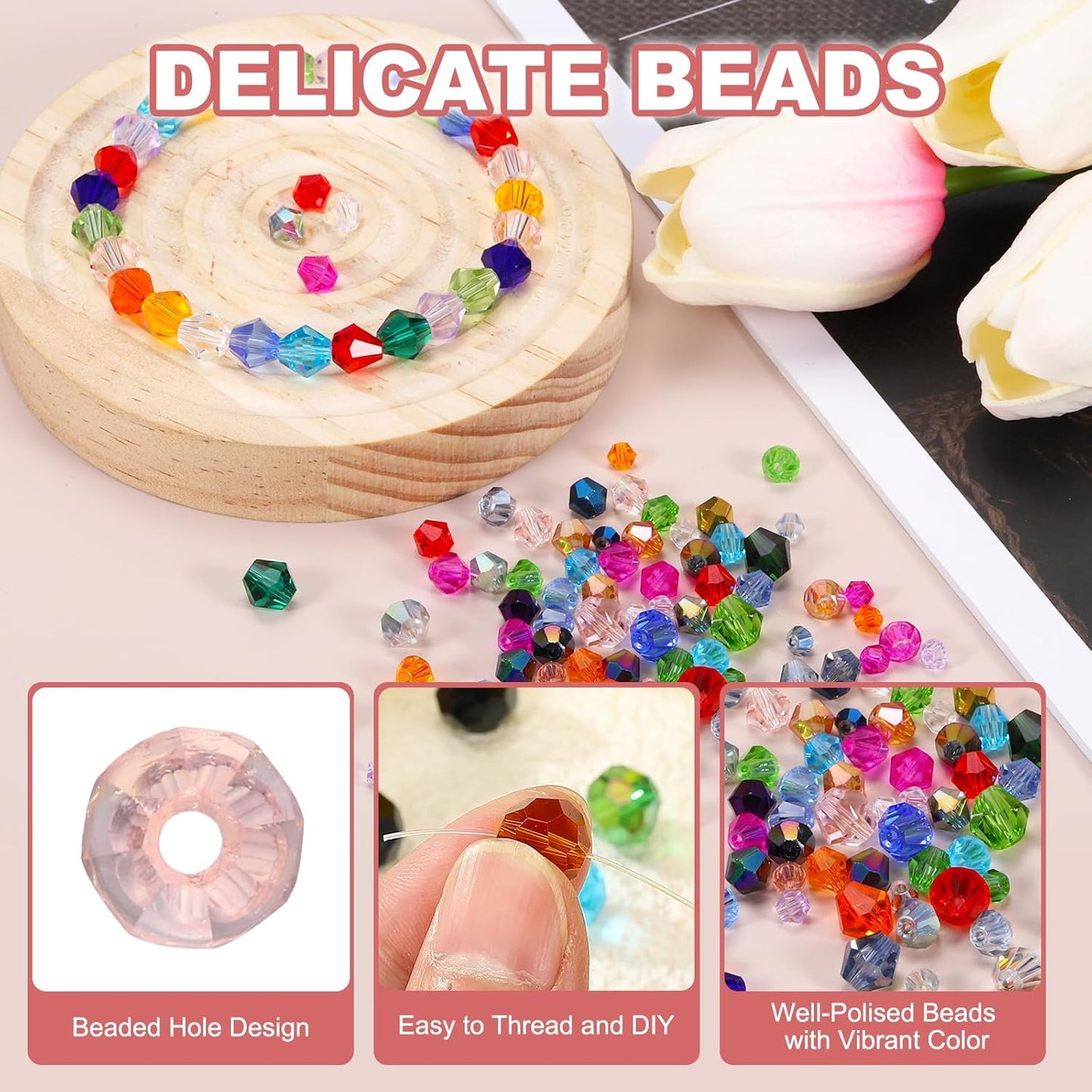 PATIKIL 1000pcs 4mm Bicone Glass Crystal Beads, Faceted Glass Spacer Beads with Box for Jewelry Making Bracelet Necklace Earrings DIY Suncatcher Craft, Water Red AB