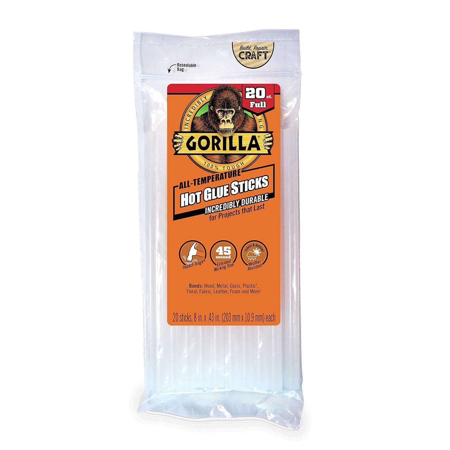 Gorilla Hot Glue Sticks, Clear Glue, Full Size 8" Long x 0.43" Diameter, 20 Count (Pack of 1) - Safe for All Temperatures with Extended Working Time