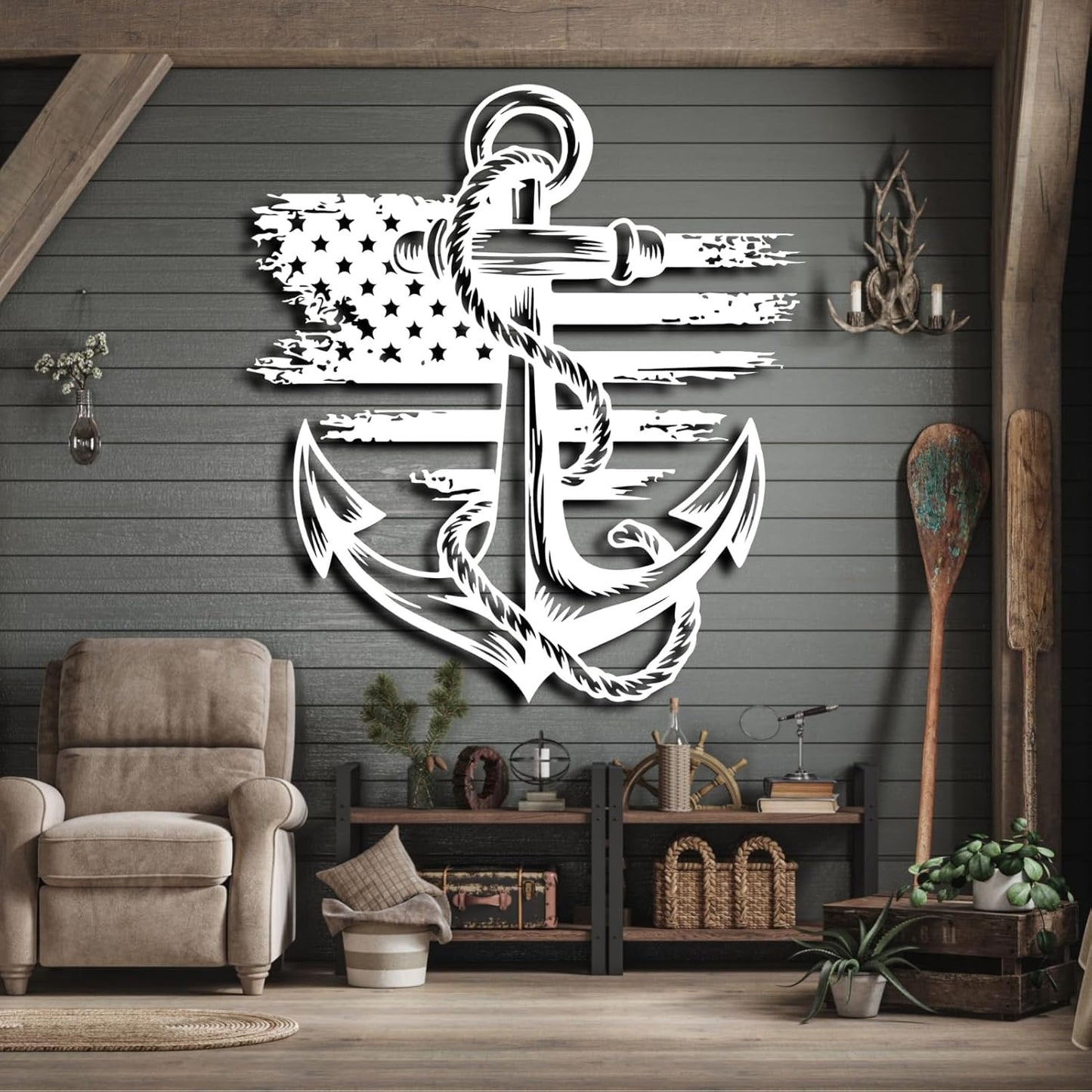 lunwall Metal Anchor Wall Decor, Anchor Metal Sign, Metal Anchor Decor, Anchor Metal Wall Art, Metal Nautical Wall Decor, Metal Wall Decor Coastal, Anchor Wall Decor (silver, 28L x 25W / 70 x 63 cm)
