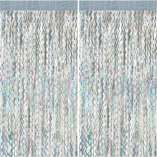 2 Pack Silver Backdrop Curtain Tinsel Streamers Sparkle Metallic Wavy Foil Fringe Photo Booth Props for Birthday Graduation Bachelorette New Year Christmas Wedding Disco Party Decorations