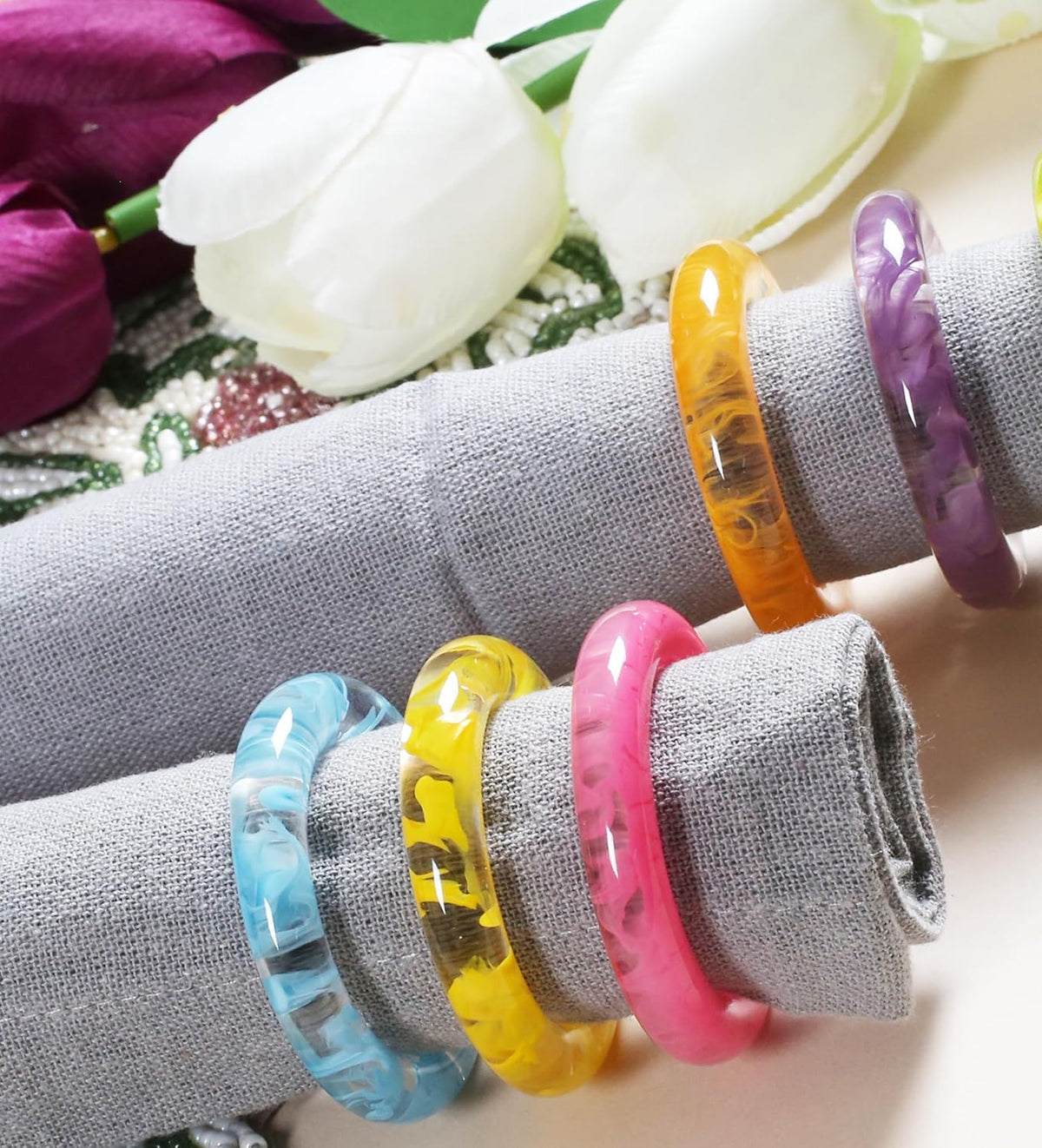 Napkin Rings Set of 12 - Epoxy Resin Napkin Holder Cuffs for Dinner Table Décor - Farmhouse Modern Serviette Rings for Weddings, Parties, Receptions, Banquets, Daily Use (Pastel) - CLEENTABLE