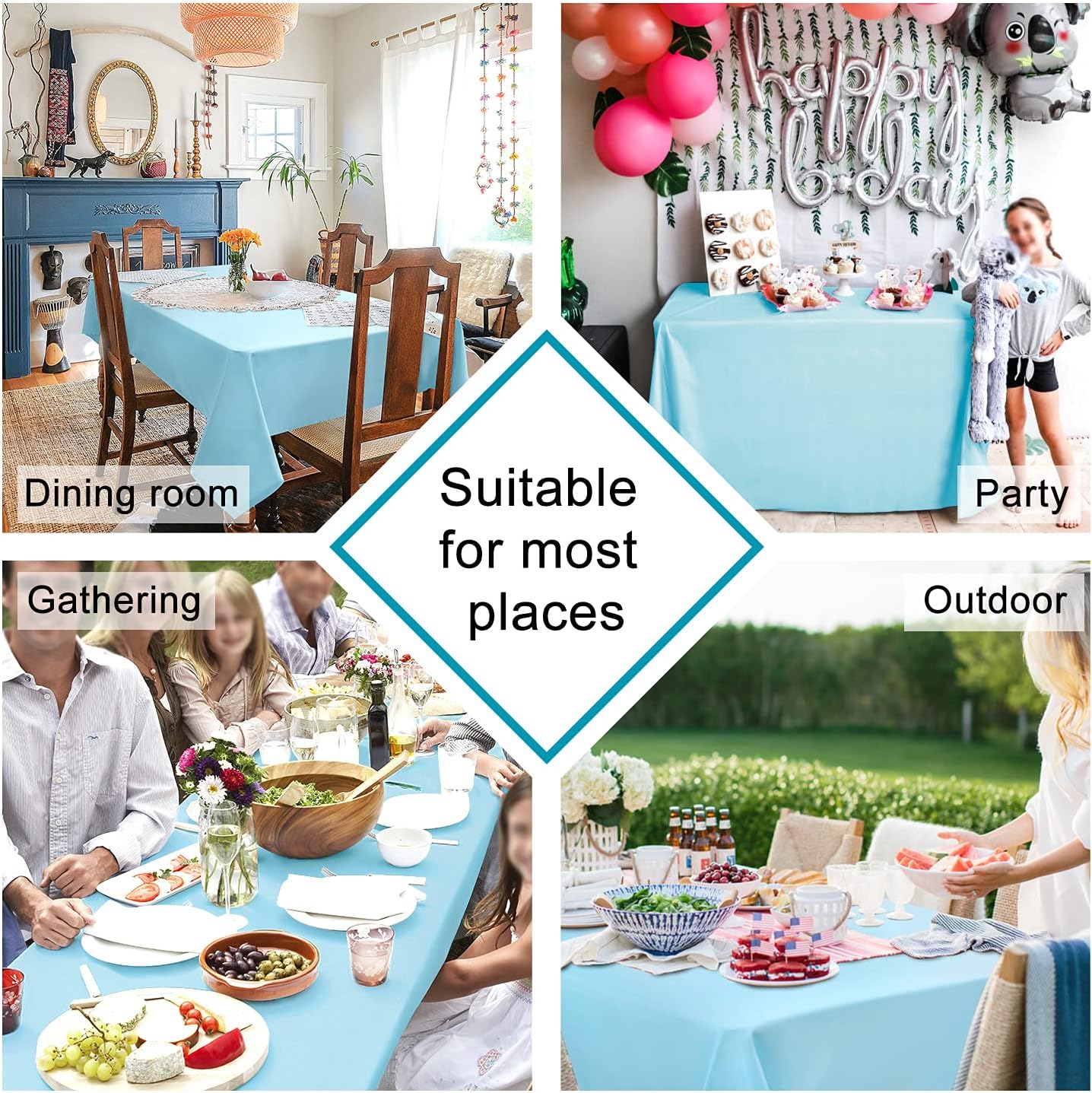 Hiasan Waterproof Tablecloth Rectangle - Washable Fabric Table Cloth for Dining Room Kitchen Birthday Party and Outdoor Use, Sky Blue, 54 x 80 Inch