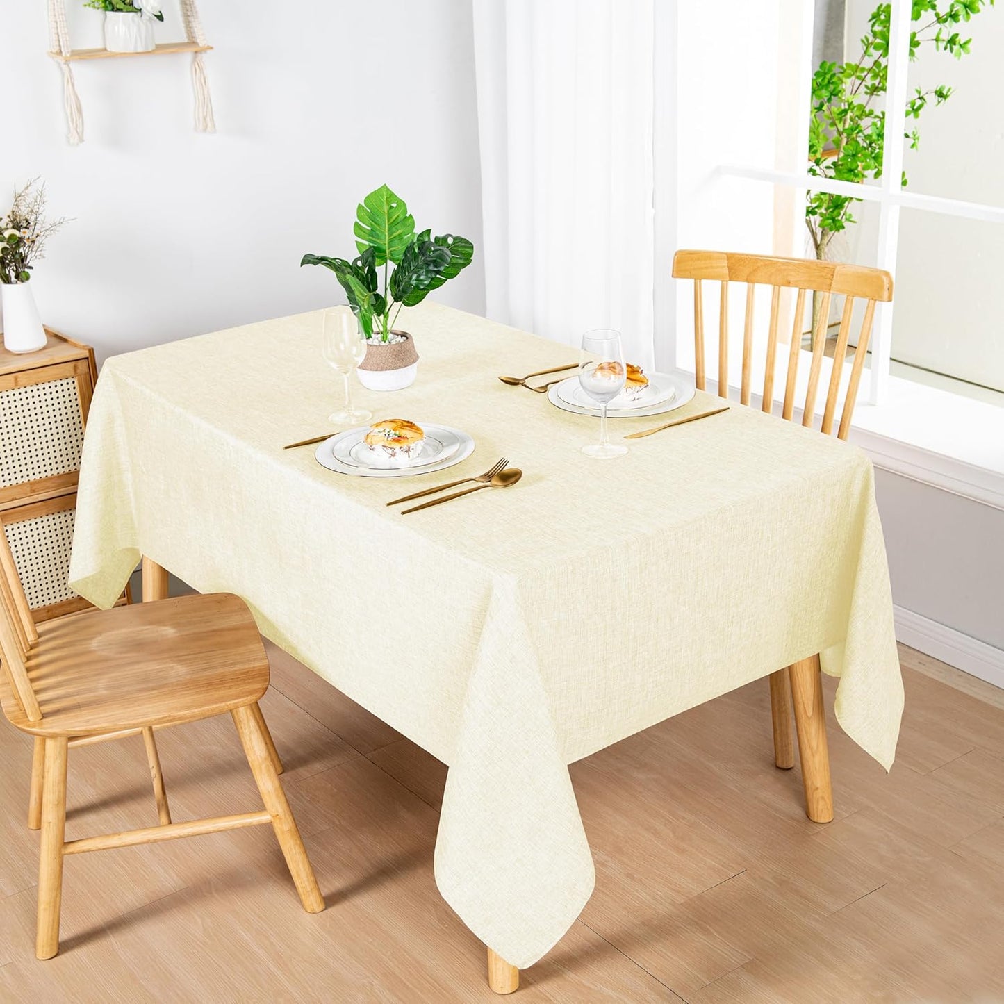 Hiasan 2 Pack Faux Linen Rectangle Tablecloth - Wrinkle and Stain Resistant Washable Table Cloth for Kitchen Dining Room Holiday Table Cover for Party Dinner, Champagne, 90 x 132 Inch