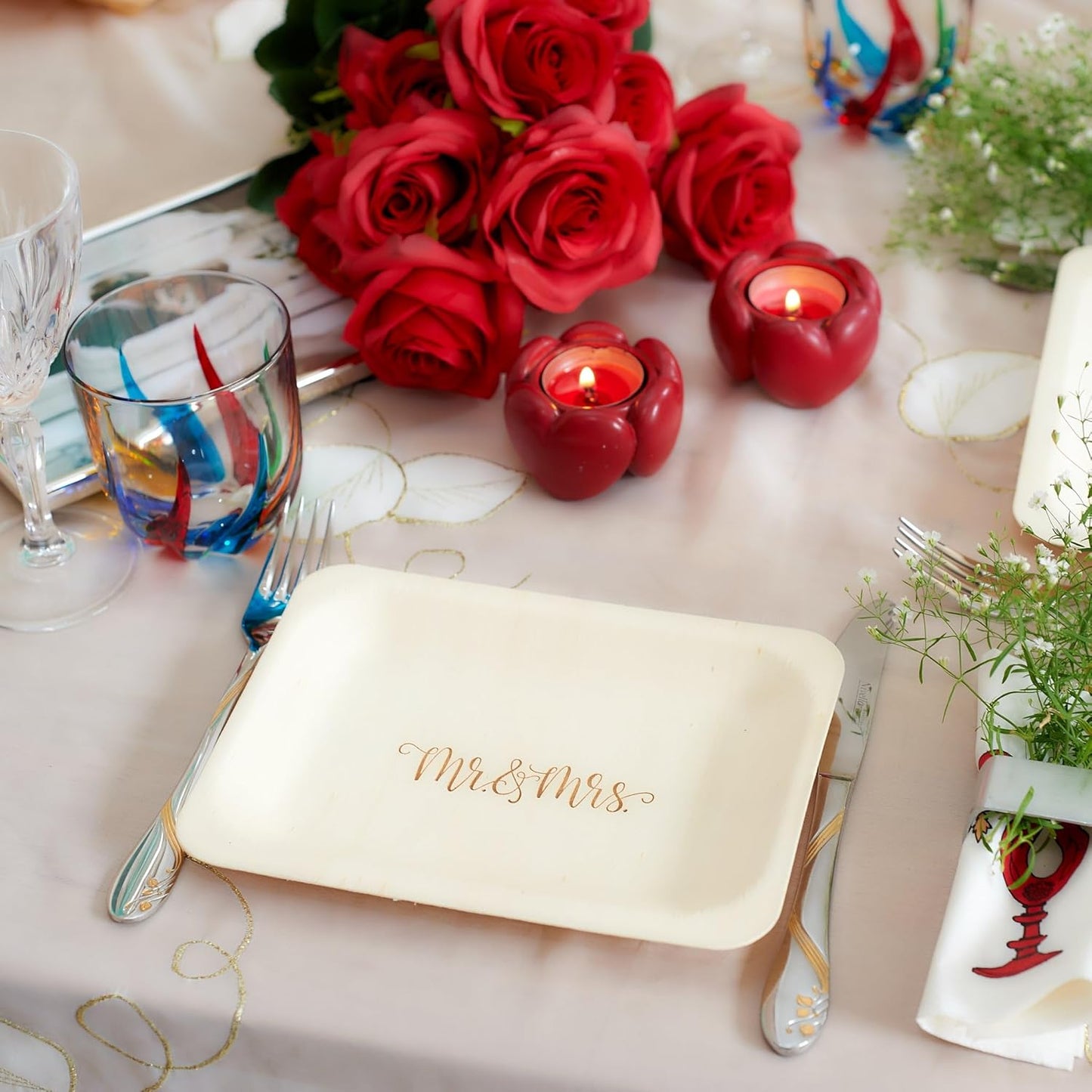 Mr. and Mrs. Disposable Wedding Plates – Rustic, Compostable Alternative to Plastic Plates for Wedding Receptions, Engagement Parties, and Rehearsal Dinners (Salad/Dessert, 50-Pack)