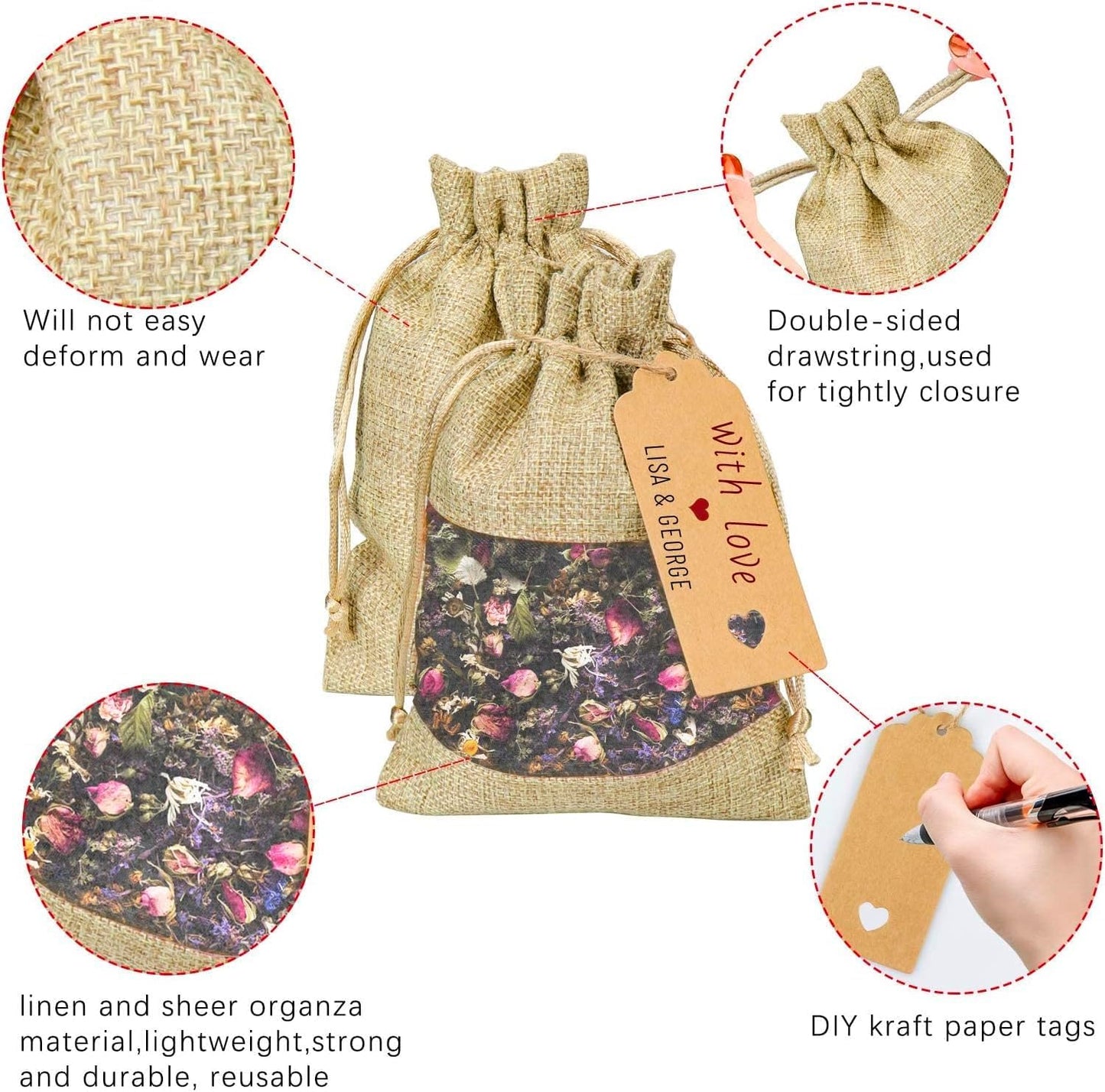 GIOIPC 20Pcs 6 x 9 Inch Linen Burlap Sheer Bags with Drawstring and Bonus Gift Tags for Wedding Birthday Bag,Craft Bags,Cosmetic Samples