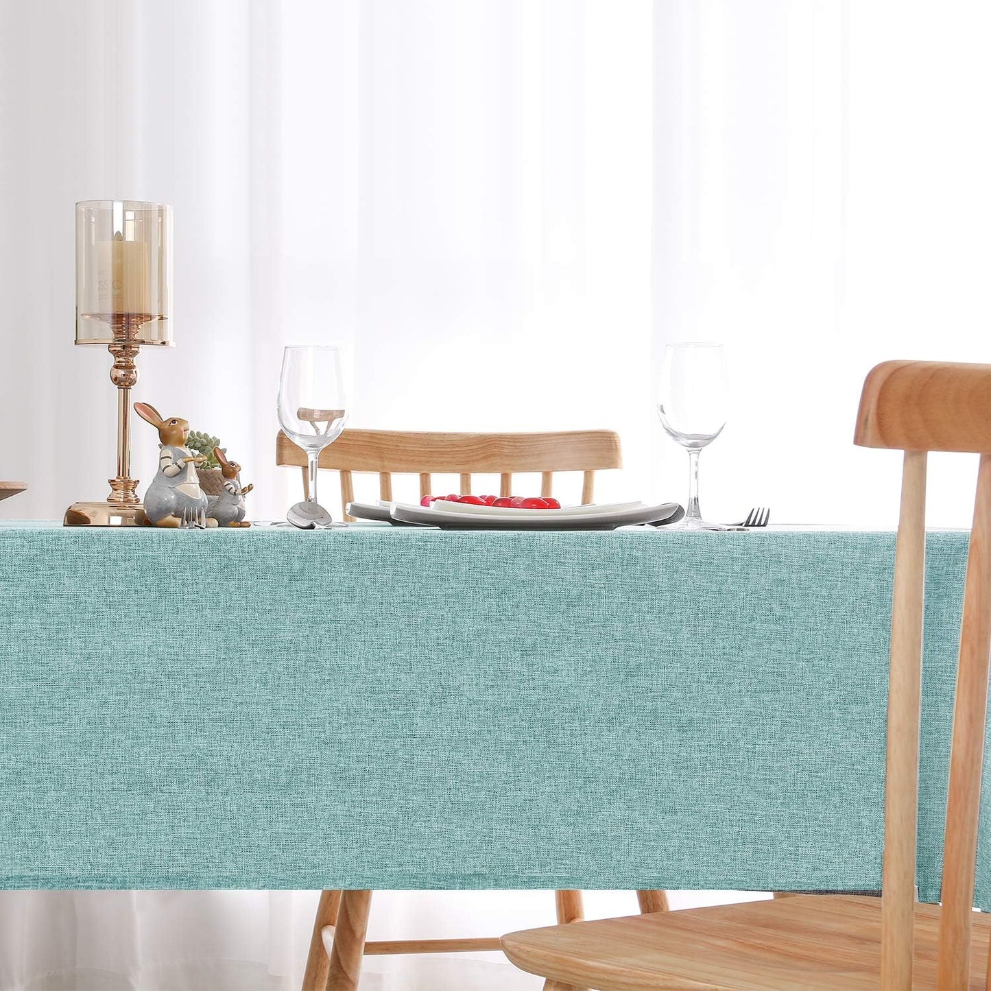 Hiasan Faux Linen Rectangle Tablecloth - Wrinkle and Stain Resistant Washable Table Cloth for Kitchen Dining Room Holiday Table Cover for Party Dinner, Aqua, 54 x 80 Inch