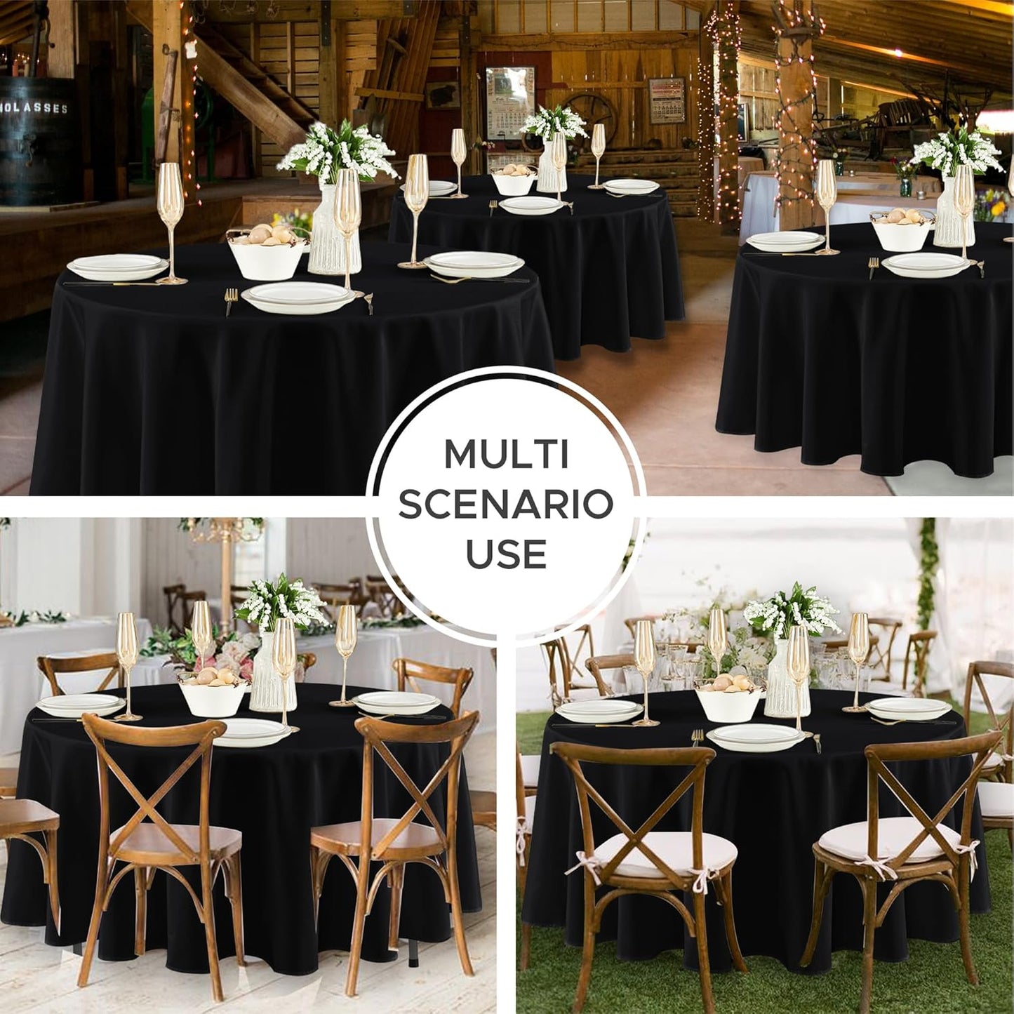 Fitable 8 Pack Round Tablecloths: Stain Resistant Wrinkle Free Circle Table Clothes, Washable Reusable Polyester Table Covers for Wedding Party Birthday Banquet Reception(Black, 84 Inch)