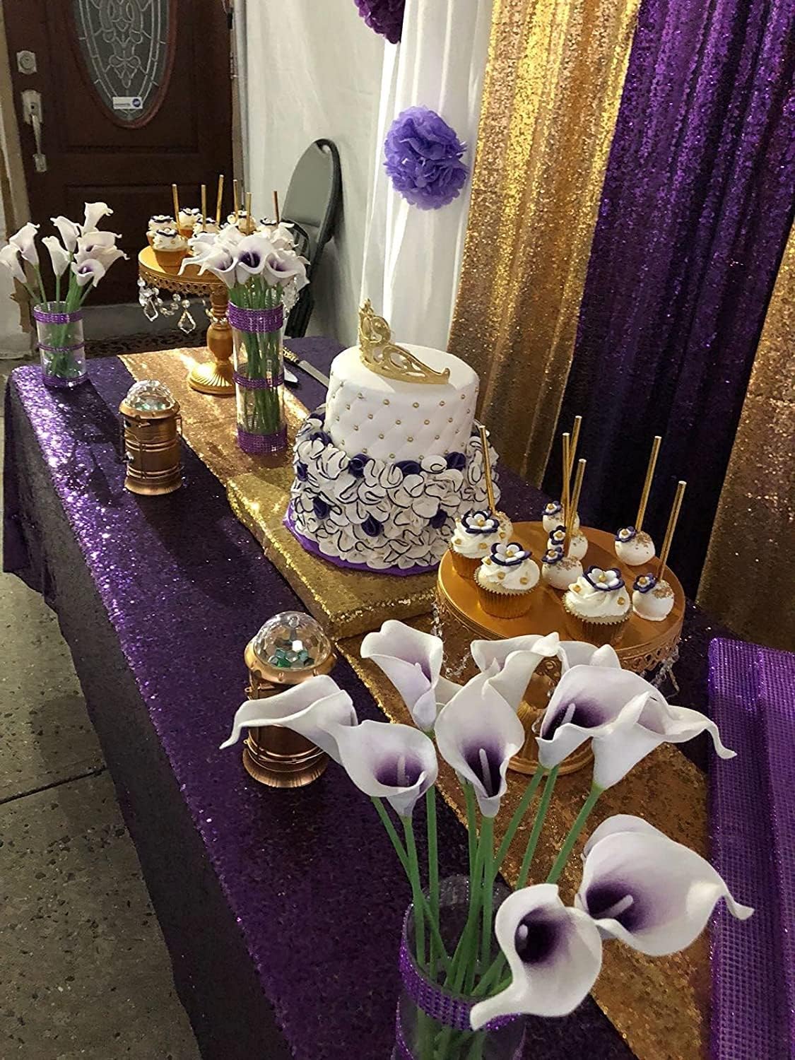 QueenDream Tablecloth 90x156 Rectangle Sequin Tablecloth Purple Wedding Table Linens Glitter Birthday Bridal Party Indoor Outdoor Decorations