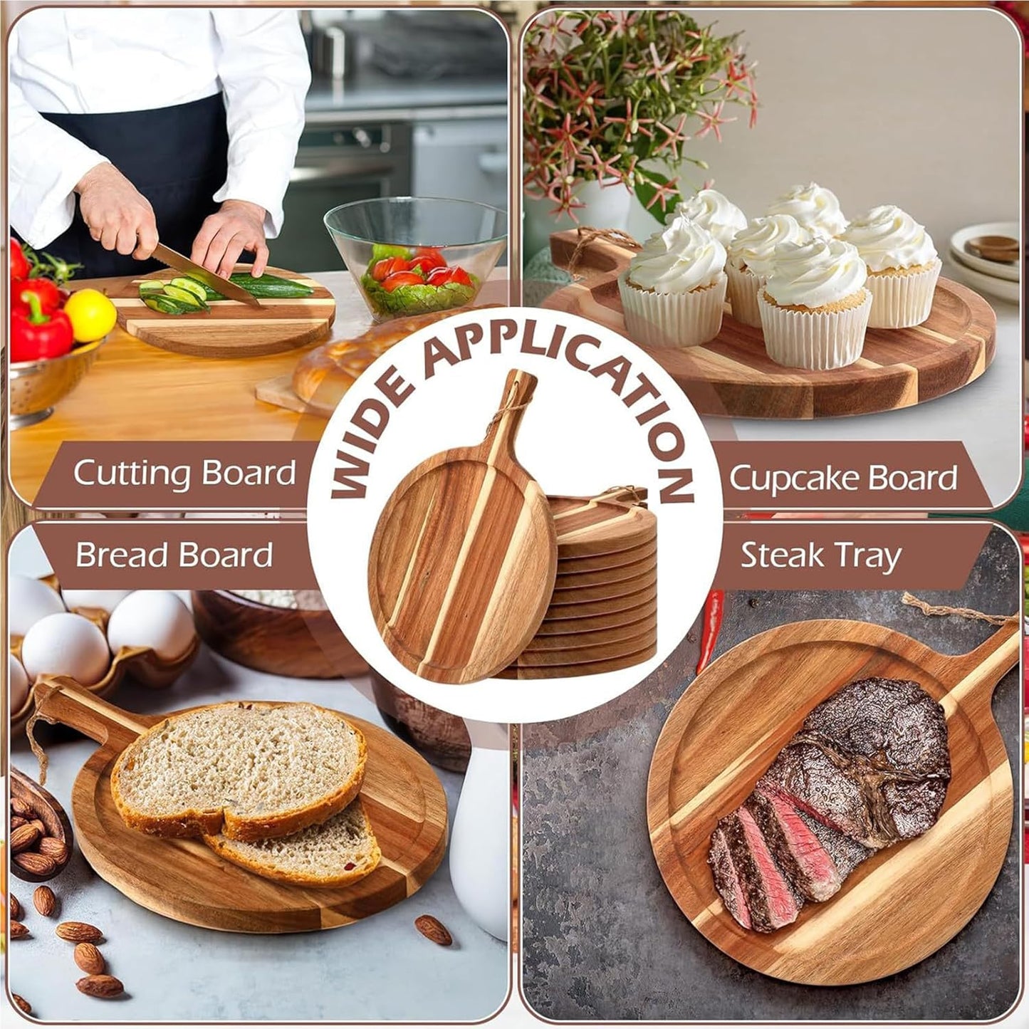 Pizza Boards with Handle 14 inch,Pizza Cutting Board Set of 6,Acacia Wood Pizza Peel 14 inch,Pizza Serving Tray Wood,Wooden Pizza Paddle Round,Small Charcuterie Boards for Cheese,Bread & Meat