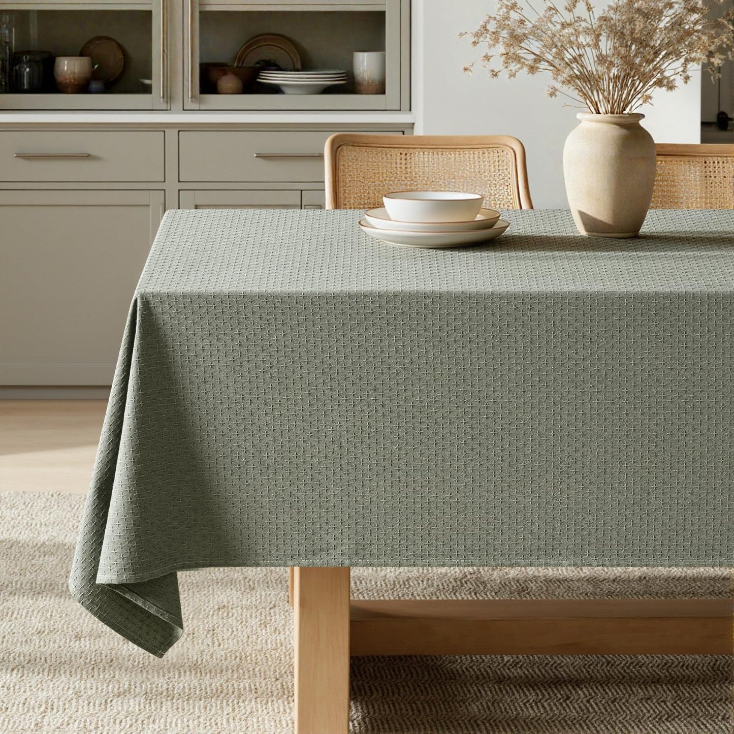 MIULEE Olive Green Linen Cottton Table Cloth Rectangle Tablecloth Waterproof Spillproof Cross-Star Textured Table Cltoth Decorative Farmhouse Style for Dining Party Weddings 60x84 Inch