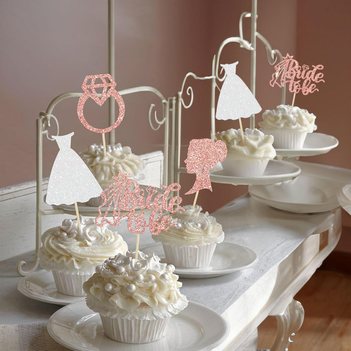 Gyufise 24 Pack Rose Gold Glitter Bride to Be Cupcake Toppers with Heart Ring Dress Bridal Shower Cupcake Picks Wedding Engagement Bachelorette Party Cake Decorations Supplies