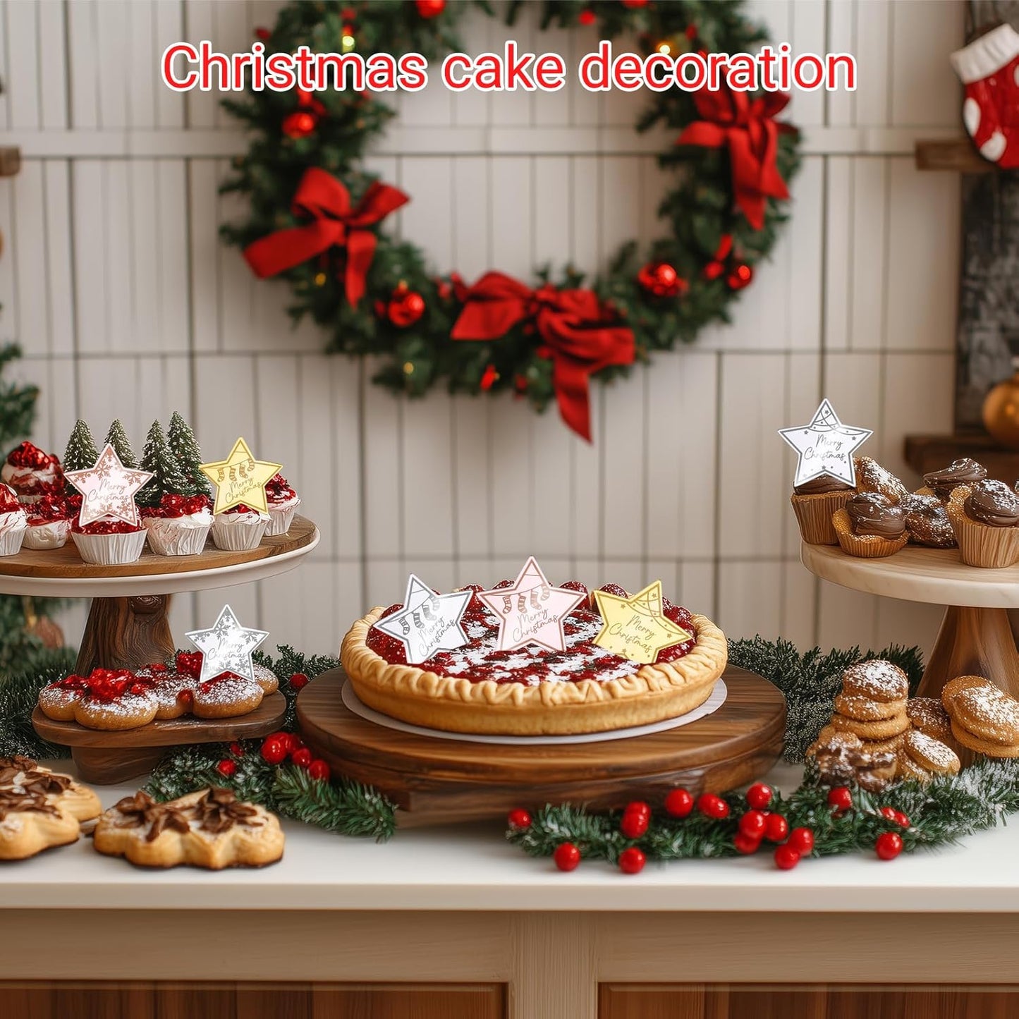36 Pcs Merry Christmas Acrylic Cupcake Toppers Acrylic Mirror Star Xmas cupcake picks New year Party Cake Decorations