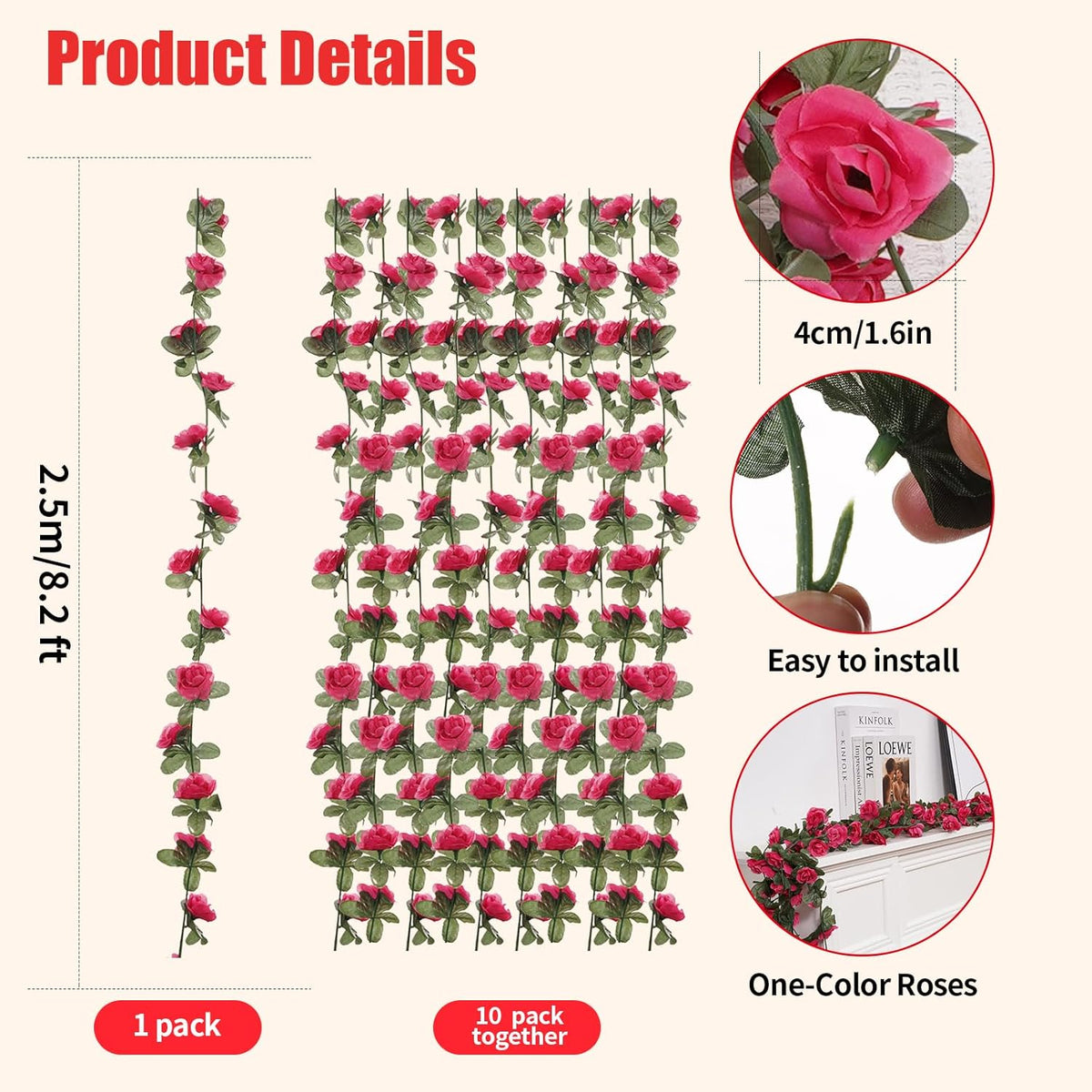 10 Pcs 82FT Flower Garland, Artificial Rose Garland Flowers Plants Fake Flower Hanging Rose Ivy, Birthday Party Valentine's Day Wedding Wall Arch Decor（Fuchsia）