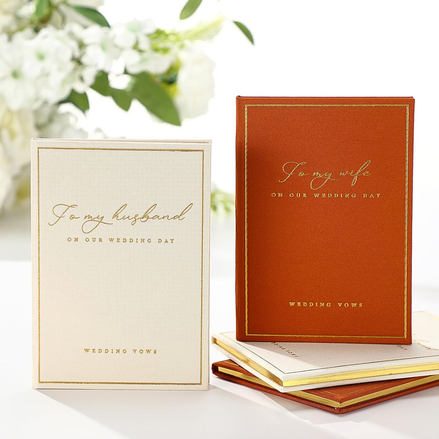 2 Pcs Wedding Vow Books His and Her to Husband Wife Wedding Must Have Registry Ideas Gold Foil Lined Page Premium Engagement Gift for Guest Groom Newly Engaged Couple(Brown-Beige)