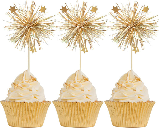 Gyufise 30Pcs Foil Firework Cupcake Toppers Happy Birthday Cake Toppers Sparkle Tinsel Flower Drink Stirrers Cocktail Food Fruit Toothpicks for Valentine's Day Party Supplies Gold