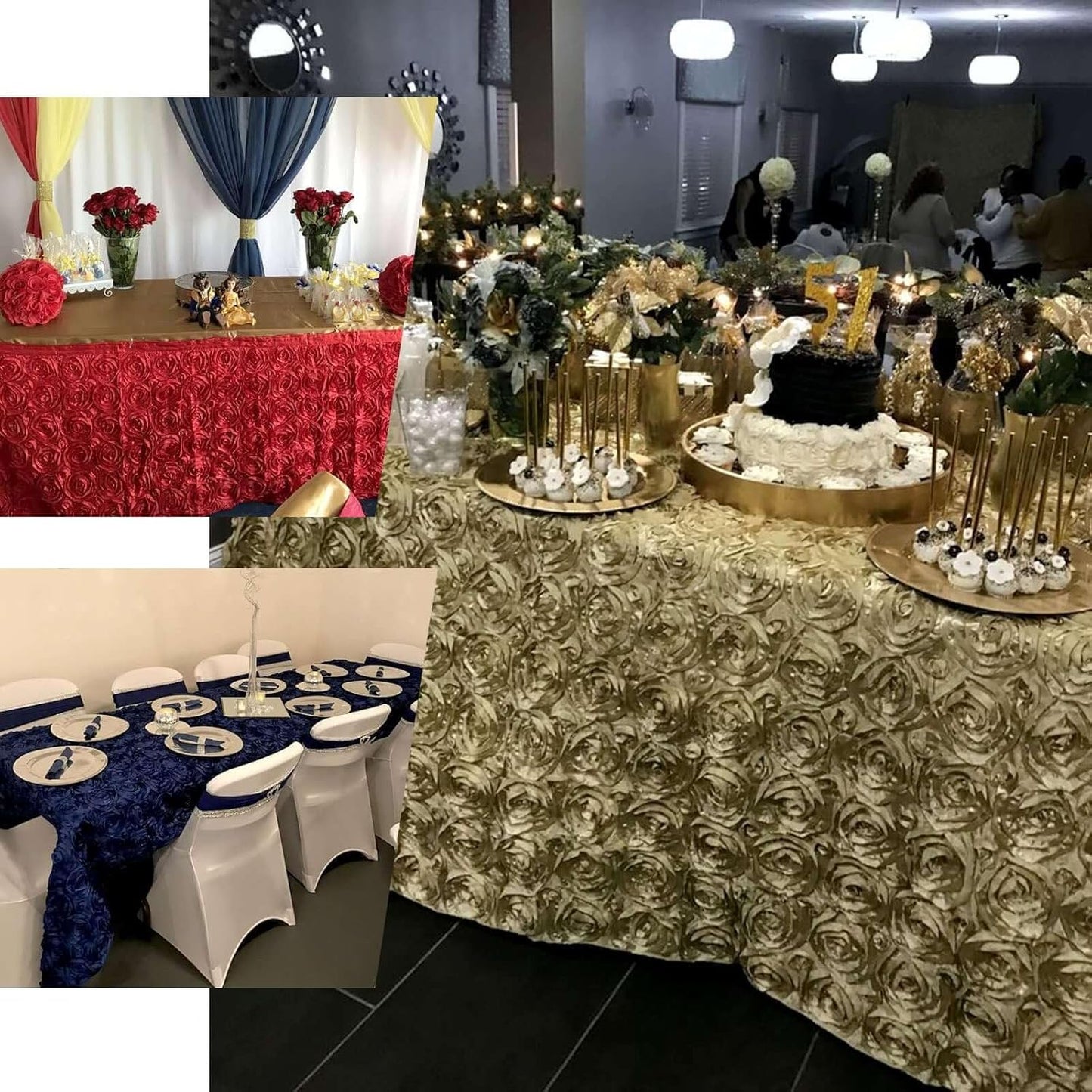 Efavormart 90"x156" Wholesale Rectangle Table Cover Ivory Grandiose Rosette 3D Satin Tablecloth for Wedding Party Event Decoration