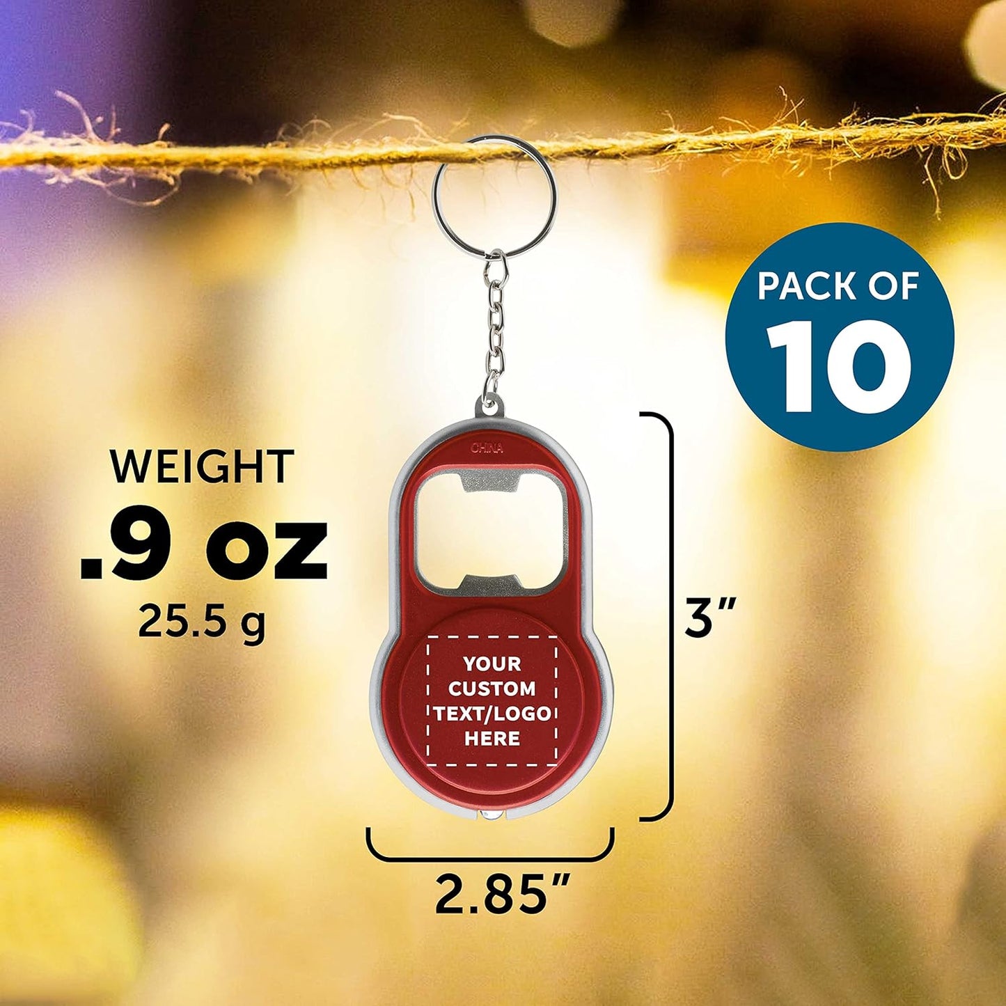 DISCOUNT PROMOS Custom Bottle Opener & LED Keychains Set of 10, Personalized Bulk Pack - Perfect for Tradeshows, Party Favors, Other Events - Red