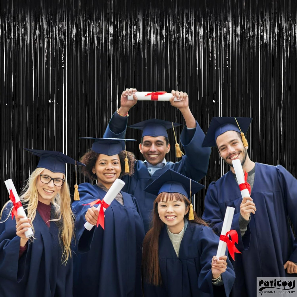 Black Streamers Party Decorations - Thicken 2 Pack 3.2 x 8.2 FT - Black Tinsel Foil Fringe Backdrop Curtains, Photo Booth Props for Birthday, Halloween, Retirement, Bachelor Party Decorations