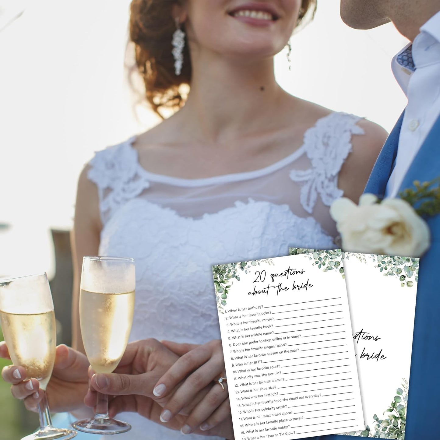 Eucalyptus Bridal Shower Game Cards - 20 Questions About The Bride, Wedding Engagement Bachelorette Party Bridal Shower Games for 30 Guests, Double Sided Cards Set of 30, Activity Supplies & Favor/A14
