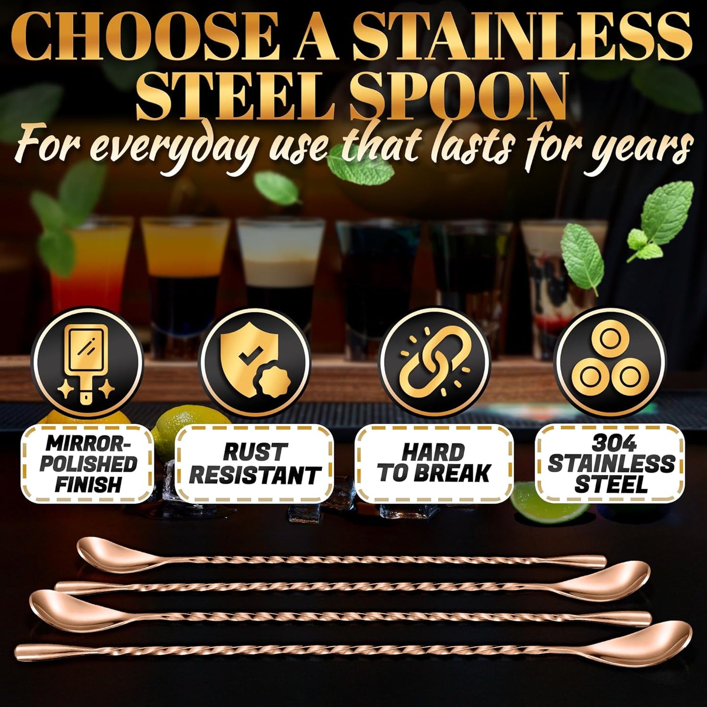 4 Pcs Bar Spoon Cocktail Mixing Spoon Set – Rose Gold Spoons with Elegant Twisted Spiral Handle, Good for Cocktails, Iced Tea, and Coffee Drinks – Durable Stylish Stainless Steel Stirring Spoons