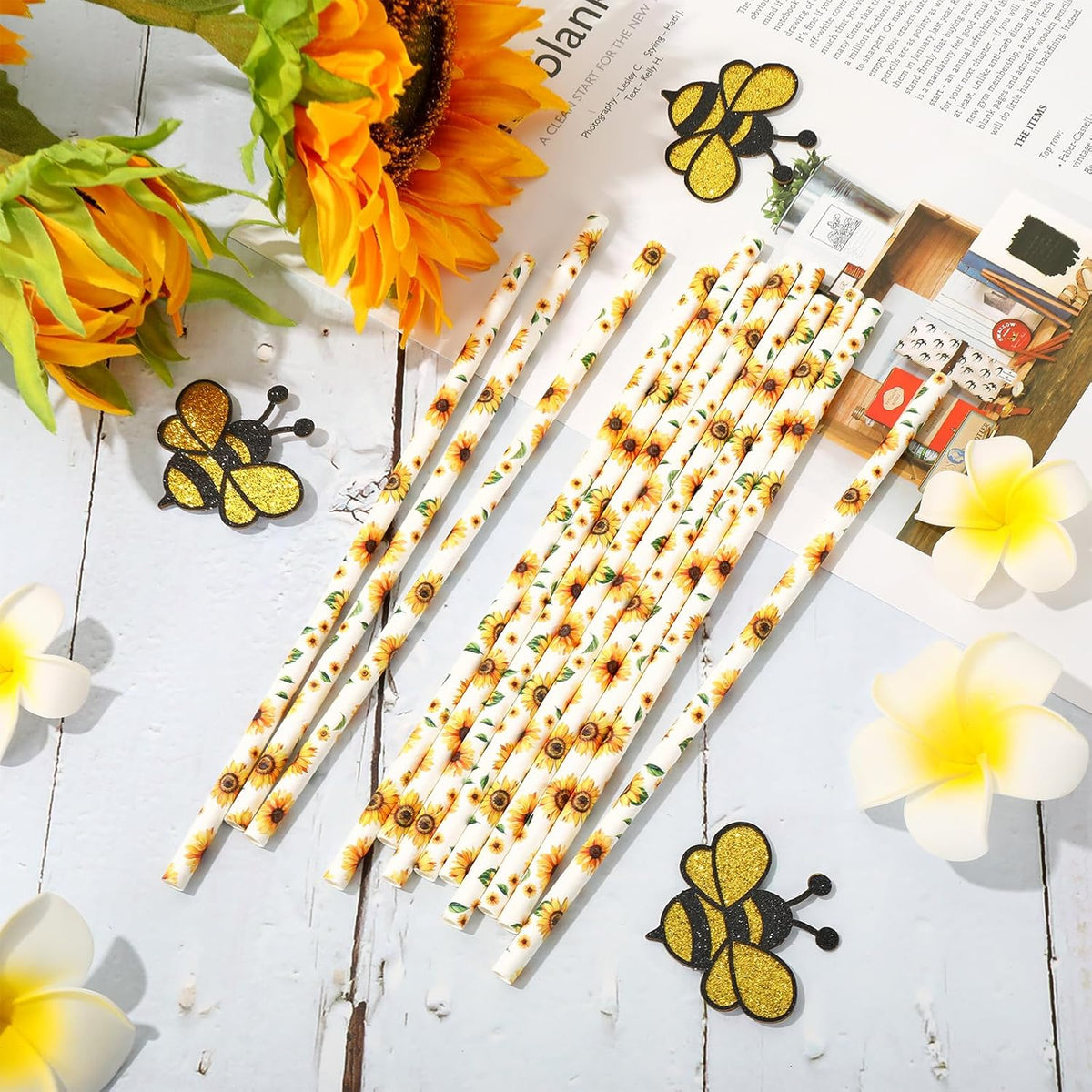 200Pcs Sunflower Paper Straws Watercolor Yellow Floral Disposable Drinking Straws Summer Party Straws for Juice Shake Cocktail Birthday Baby Shower Wedding Party Supplies