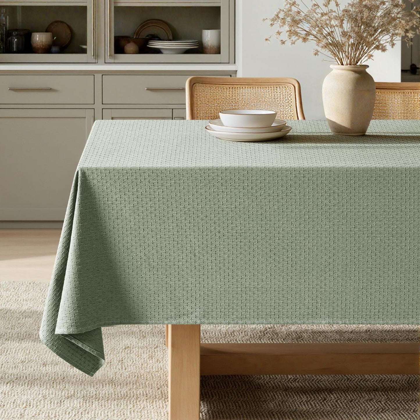 MIULEE Sage Green Linen Cottton Table Cloth Rectangle Tablecloth Waterproof Spillproof Cross-Star Textured Table Cltoth Decorative Farmhouse Style for Dining Party Weddings 52x70 Inch