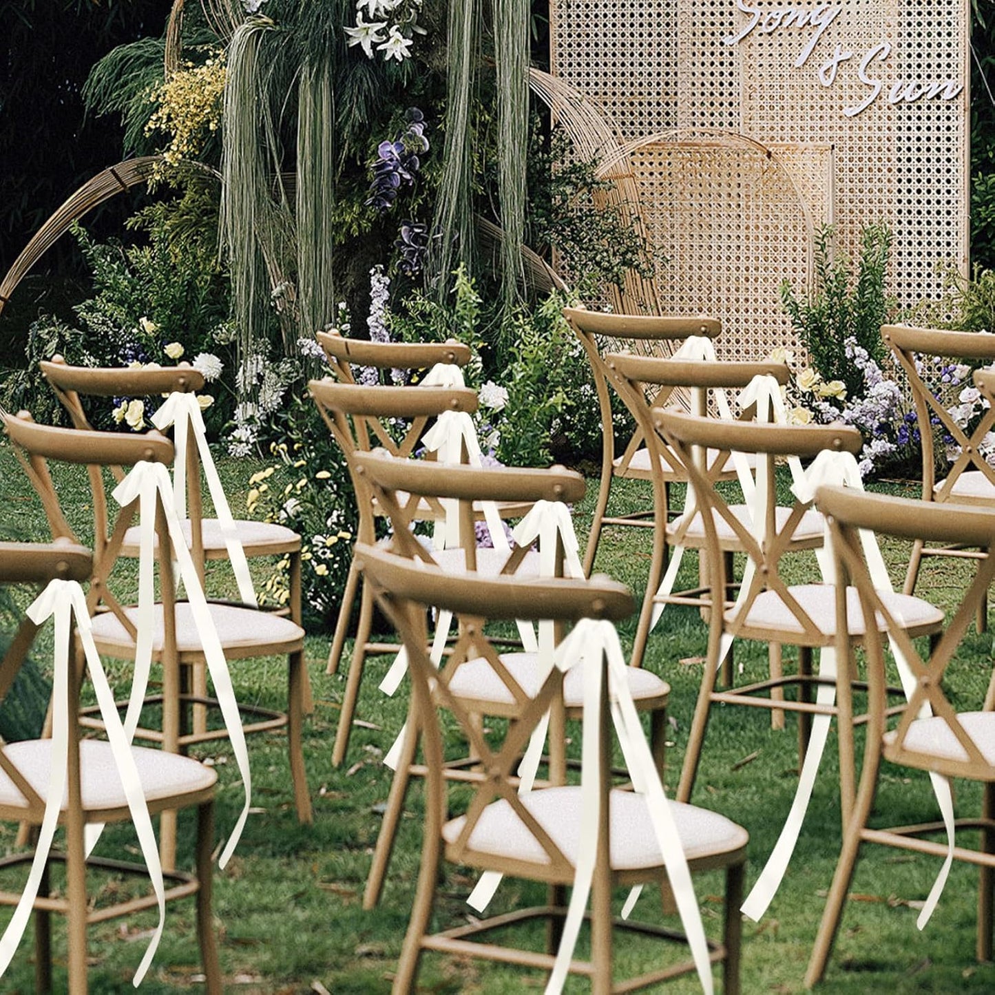 24 Pcs Large Wedding Ivory Ribbon Bows for Wedding Chairs Decorative Ribbon Sashes for Pew Back Elegant Ceremony Ribbons for Bridal Shower Banquet Marriage Ceremony