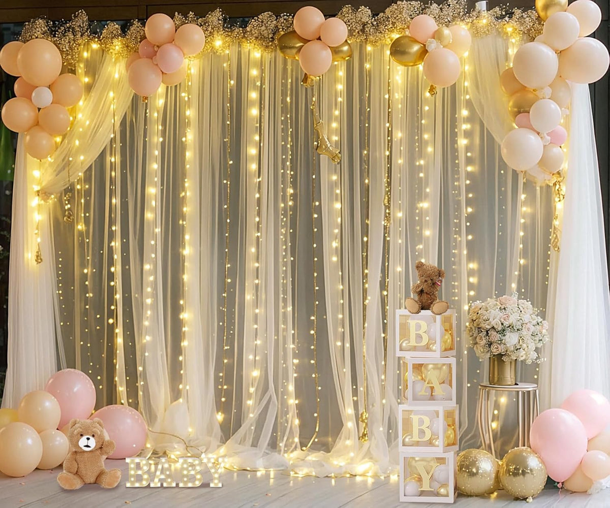 Champagne Backdrop Curtains with Lights String for Wedding Parties 10×10ft Sheer Tulle Backdrop Curtain for Bridal Shower Baby Shower Birthday Party Photo Shoot Decorations 2 Panels 5×10ft