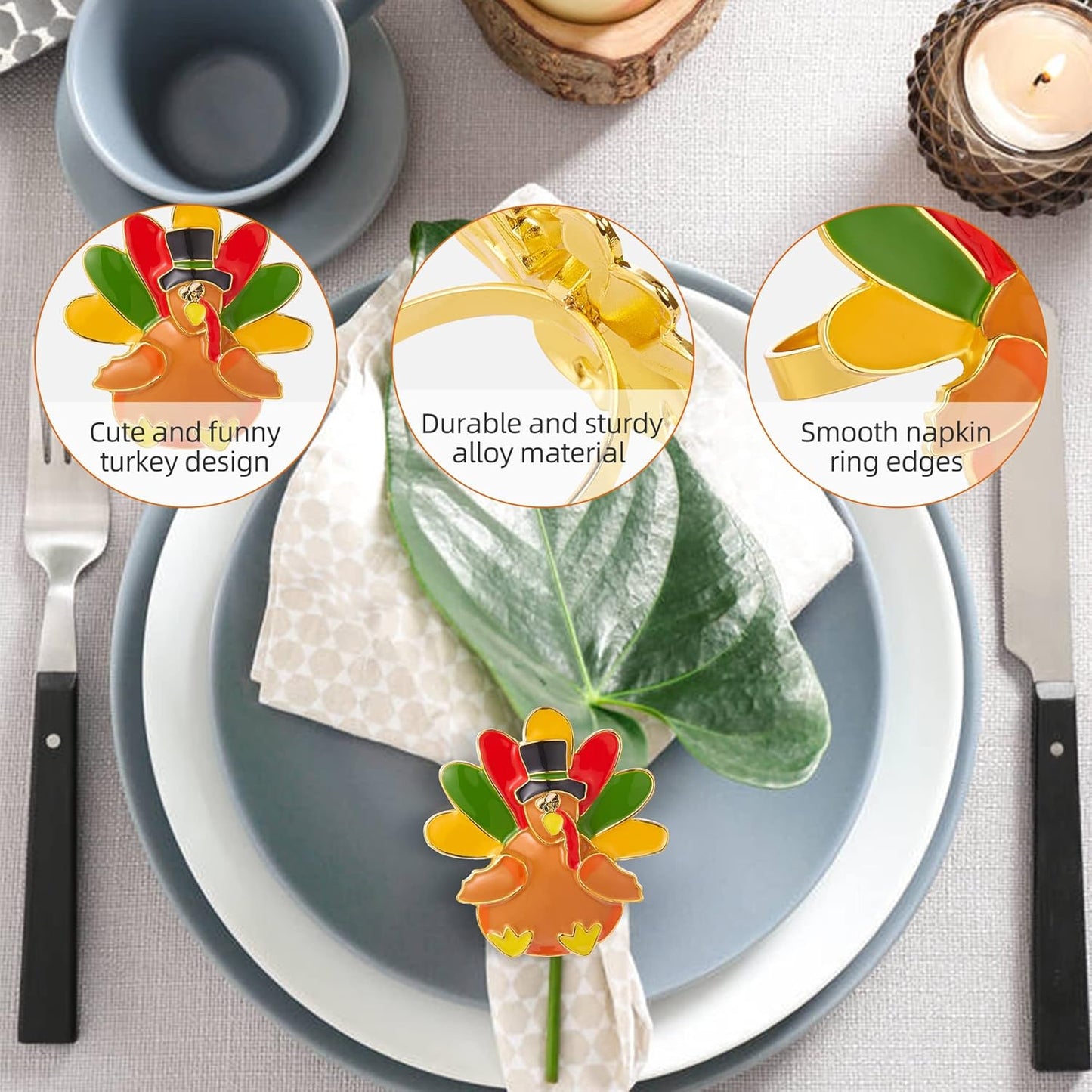Halatool Thanksgiving Turkey Napkin Rings Set of 6, Alloy Fall Napkin Rings Dinner Tables Holders for Thanksgiving Weddings Holidays Gathering Dinner Party Decorations