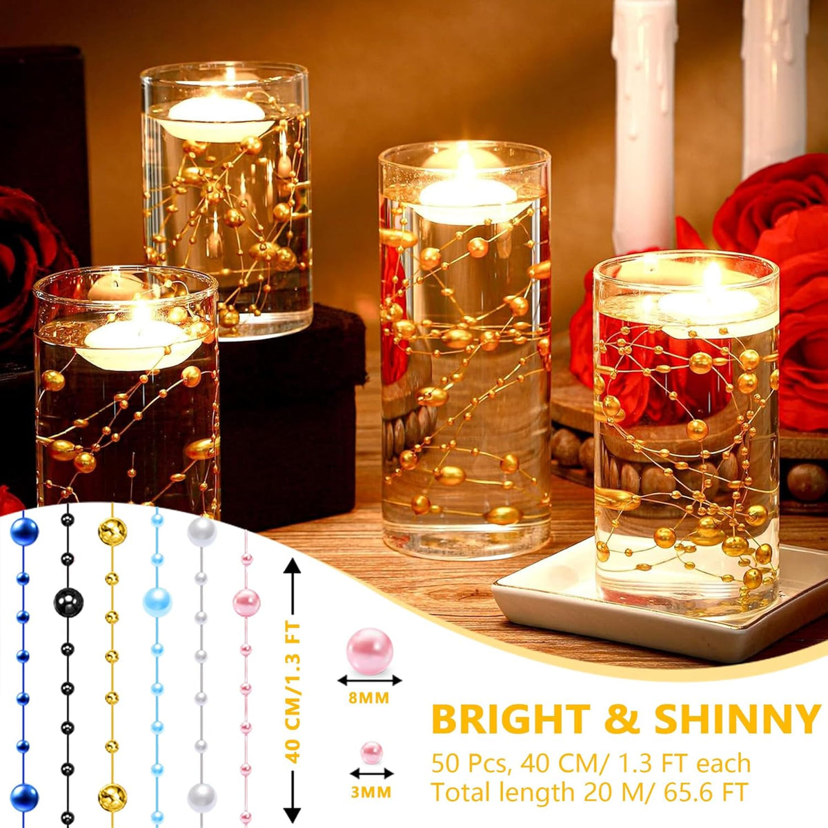 50 PCS Artificial Floating Beads for Centerpieces Vases, Red 8+3mm String Beads for Wedding Party Faux Pearl String for Decorating, String Pearls for Crafts Vase Filler