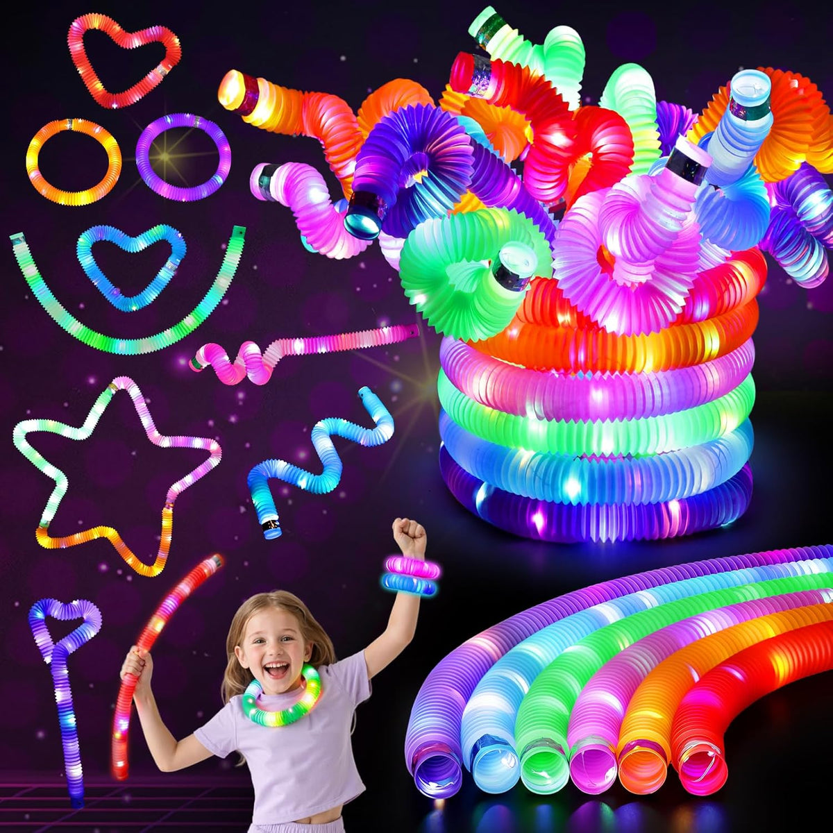 LovesTown 12PCS Glow Sticks Party Favors for Kids, Glow in the Dark Party Supplies, Light Up Pop Tubes for Toddlers Halloween Christmas Birthday Dance Camp, Goodie Bags Stuffers