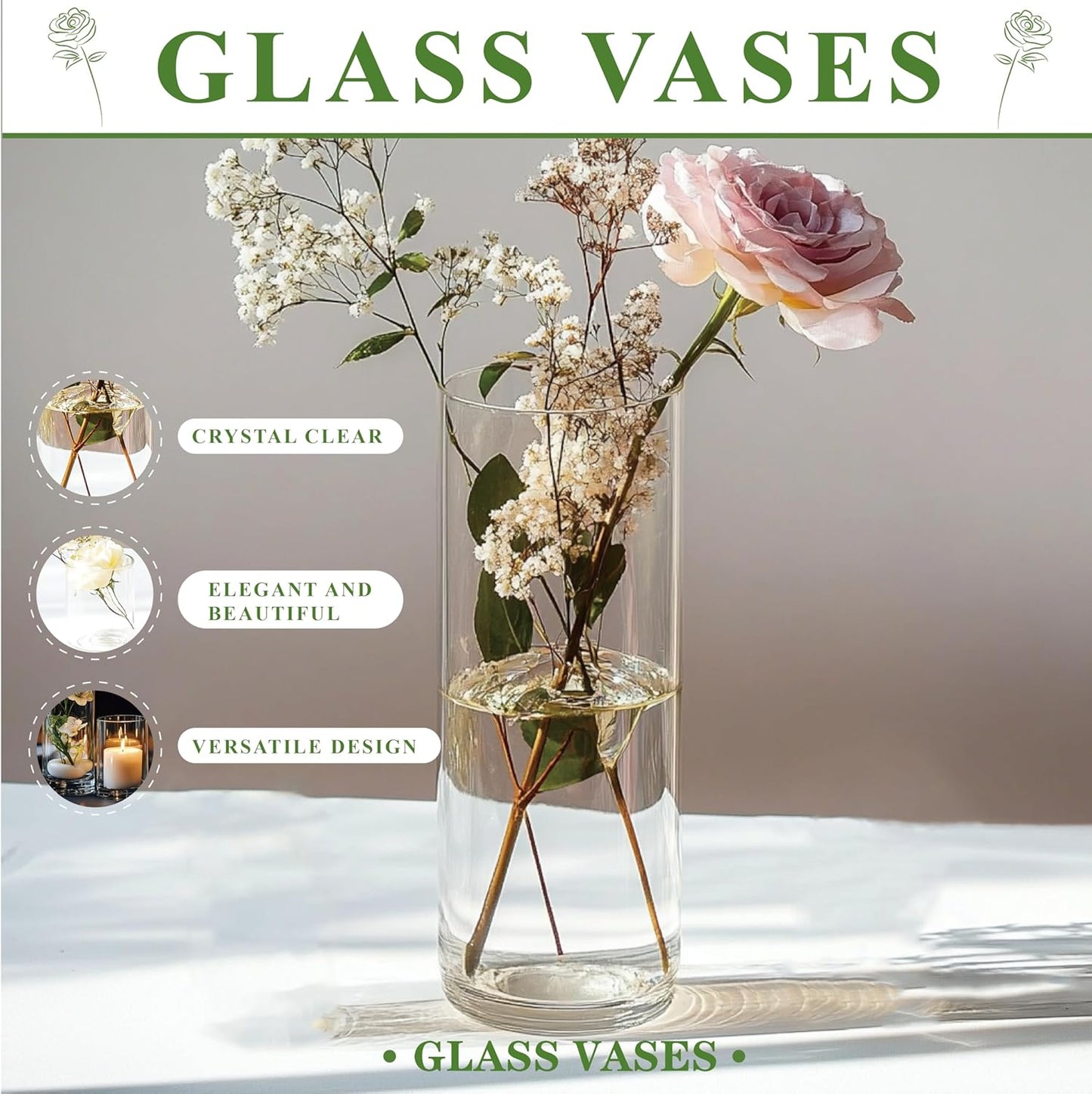 Glass Cylinder Vase Set of 18 for Centerpieces, 4,4.7,6 inch Tall Clear Vase Bulk Floating Candle Holder for Wedding Table Home Décor and Party