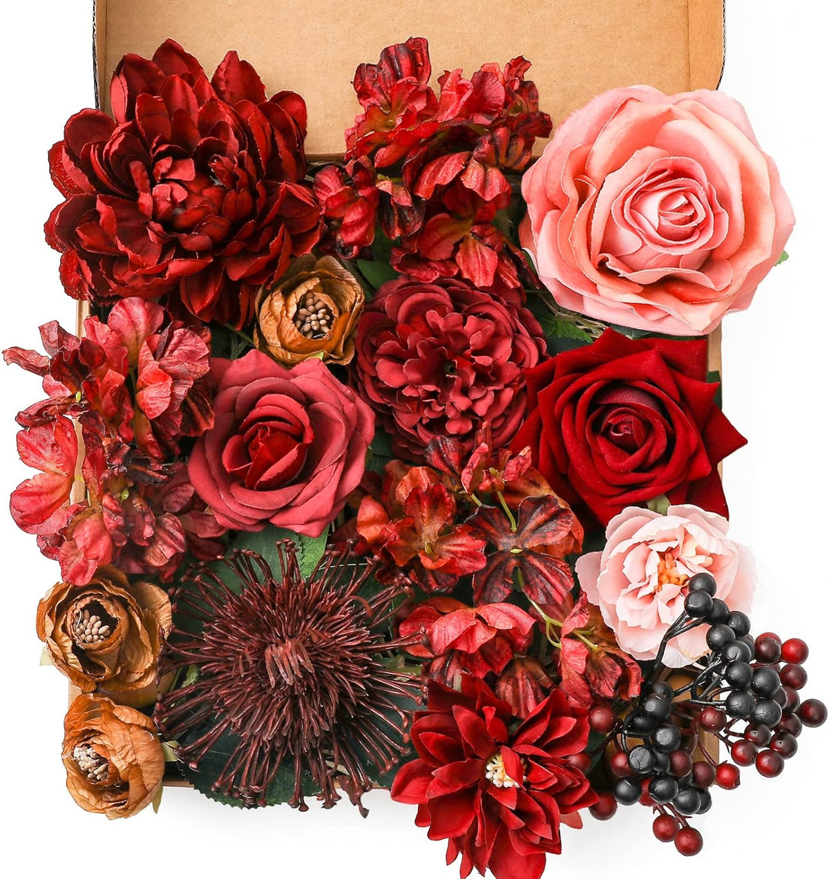 Artificial Flowers Combo Box Set Burgundy Silk Flowers for DIY Wedding Bouquet Arrangements Bridal Shower Party Home Decorations (Mature Burgundy)