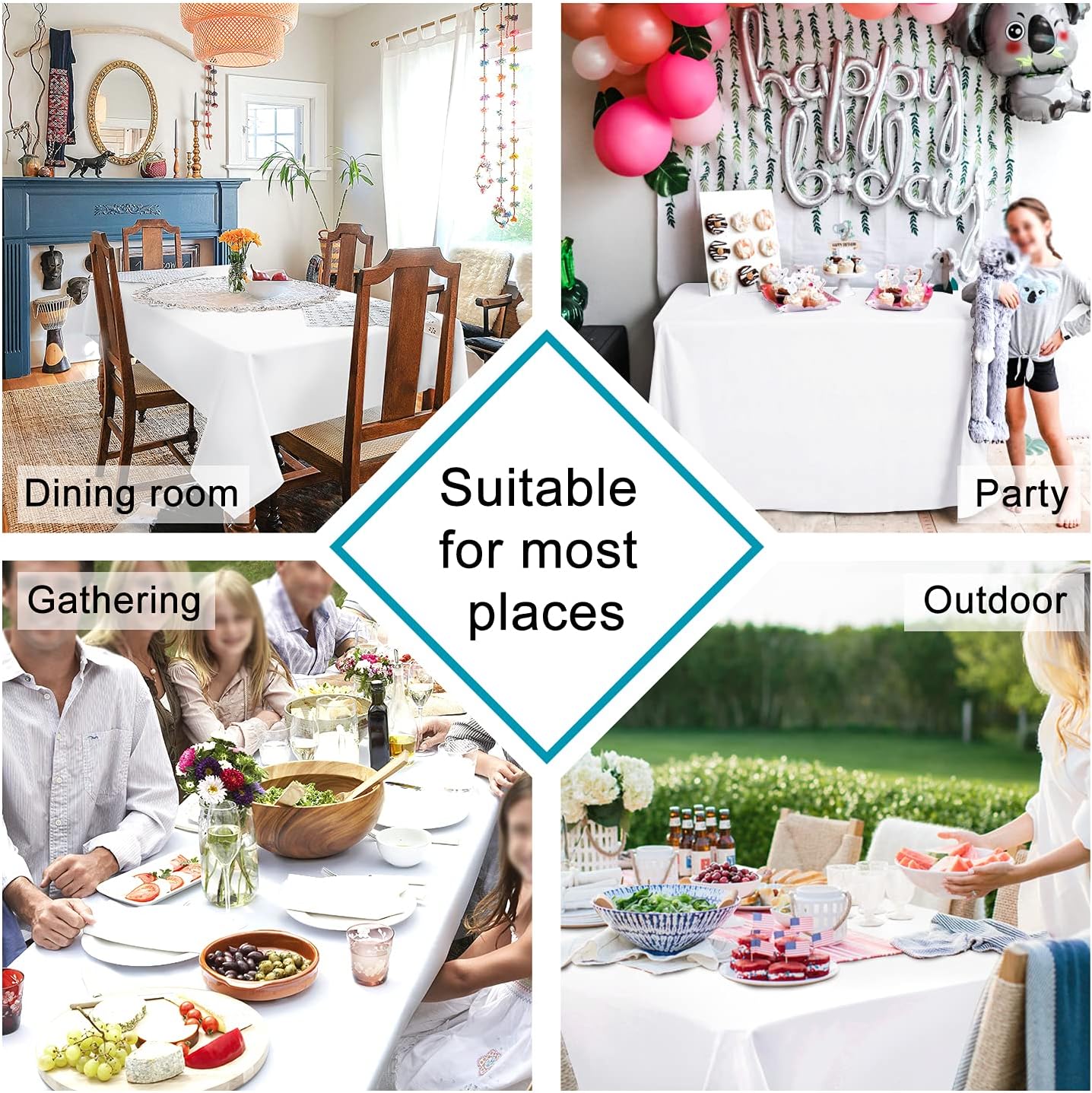 Hiasan White Rectangle Tablecloth - Waterproof Washable Polyester Fabric Table Cloth for Buffect Dining Birthday Party Wedding, 60 x 140 Inch