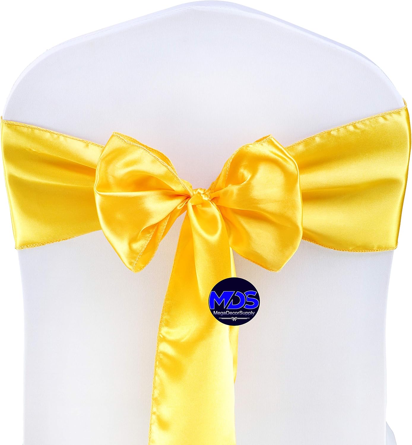 MDS Pack of 150 PCS Satin Chair Sashes Charmeuse Sateen Dining Chair Bows Ribbon Ties Back Sash for Wedding Party Birthday Home Hotel Restaurant Banquet Decoration (7 x 108 Inch, Yellow Gold)
